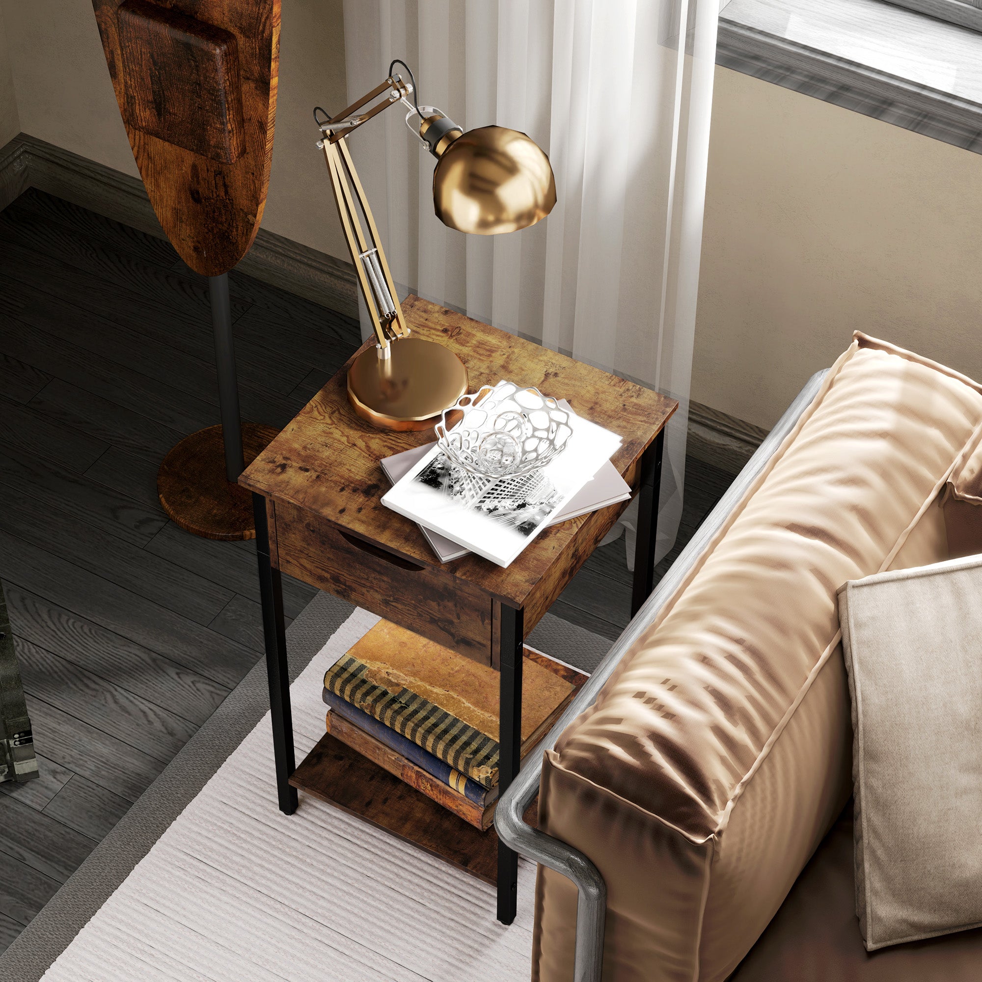 HOMCOM Beistelltisch im Industriestil, Schublade, Ablagefach, Metallrahmen, Holz, 40 x 40 x 68 cm, Braun