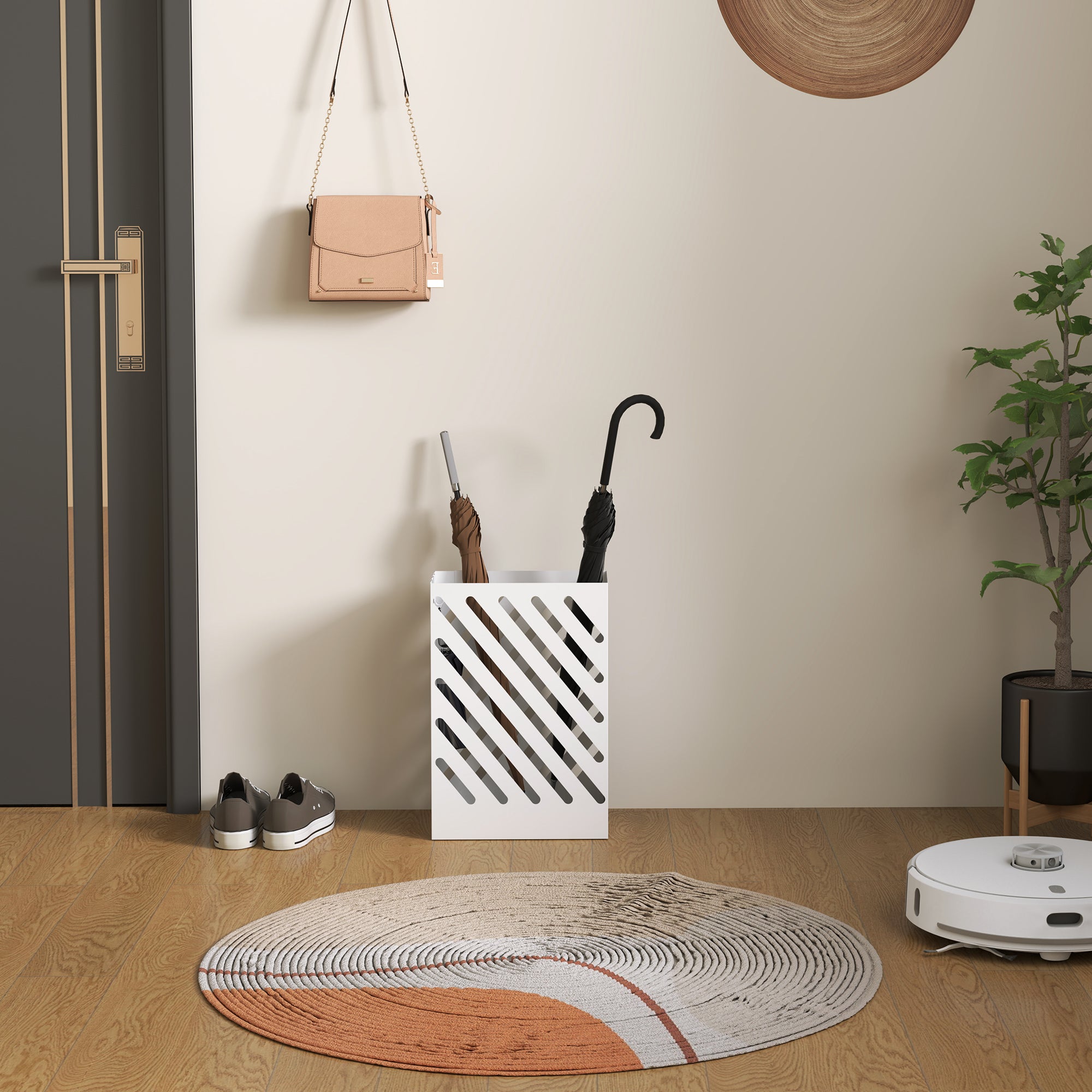 HOMCOM Regenschirmständer mit Tropfschale, 4 Haken, Stahl, 28L x 14B x 41H cm, Weiß