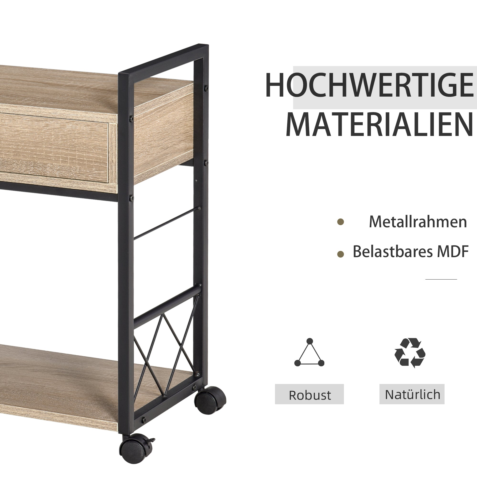 HOMCOM Beistelltisch Servierwagen mit Rädern Küchenwagen Kaffeetisch mit Schublade Ablage Sideboard beweglich Spanplatte Natur 60 x 30 x 65 cm
