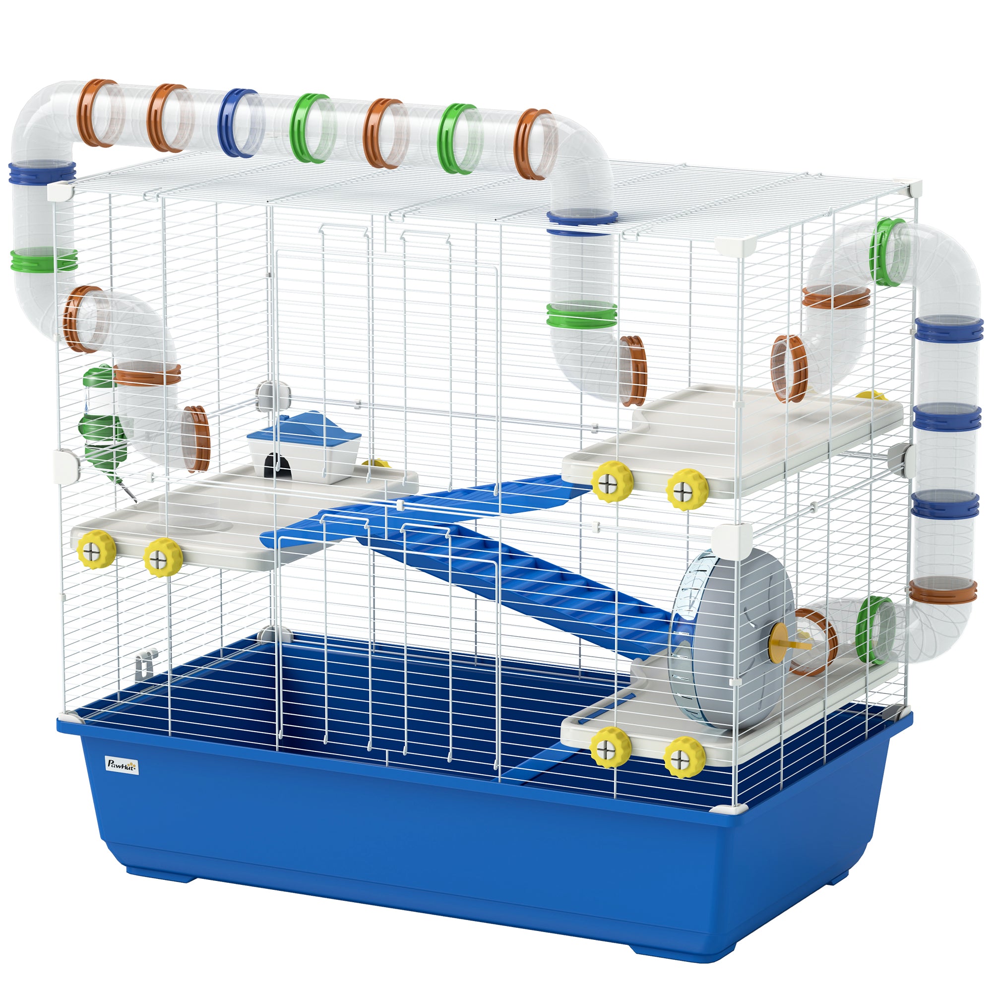 PawHut Hamsterkäfig mit 4 Ebenen, Kleintierkäfig mit Tunnelsystem, Hütte, Laufrad, für Zwerghamster, 78 x 45 x 73 cm, Blau