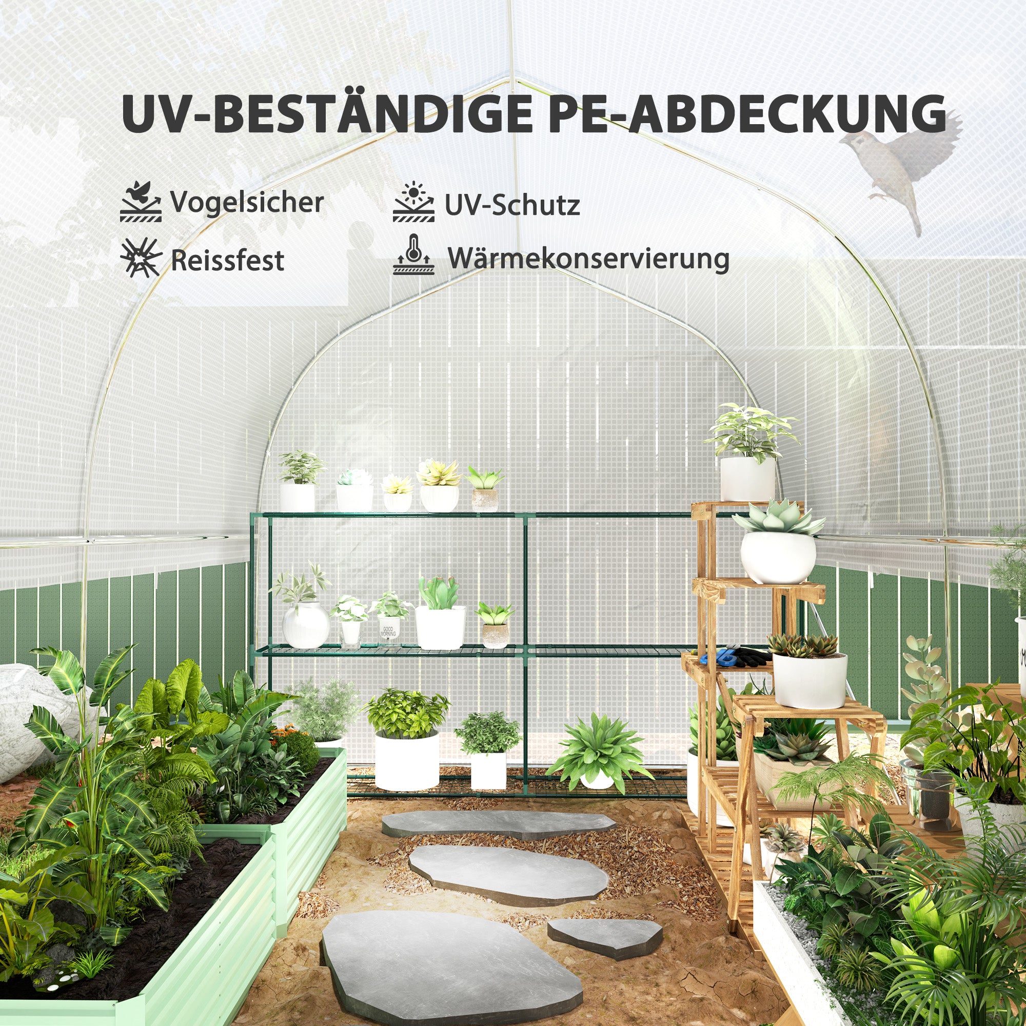 Outsunny 3 x 2 x 2 m Polytunnel-Gewächshaus mit aufrollbaren Seitenwänden, UV-beständiger Kunststoff-Plane und Stahlrahmen, Weiß