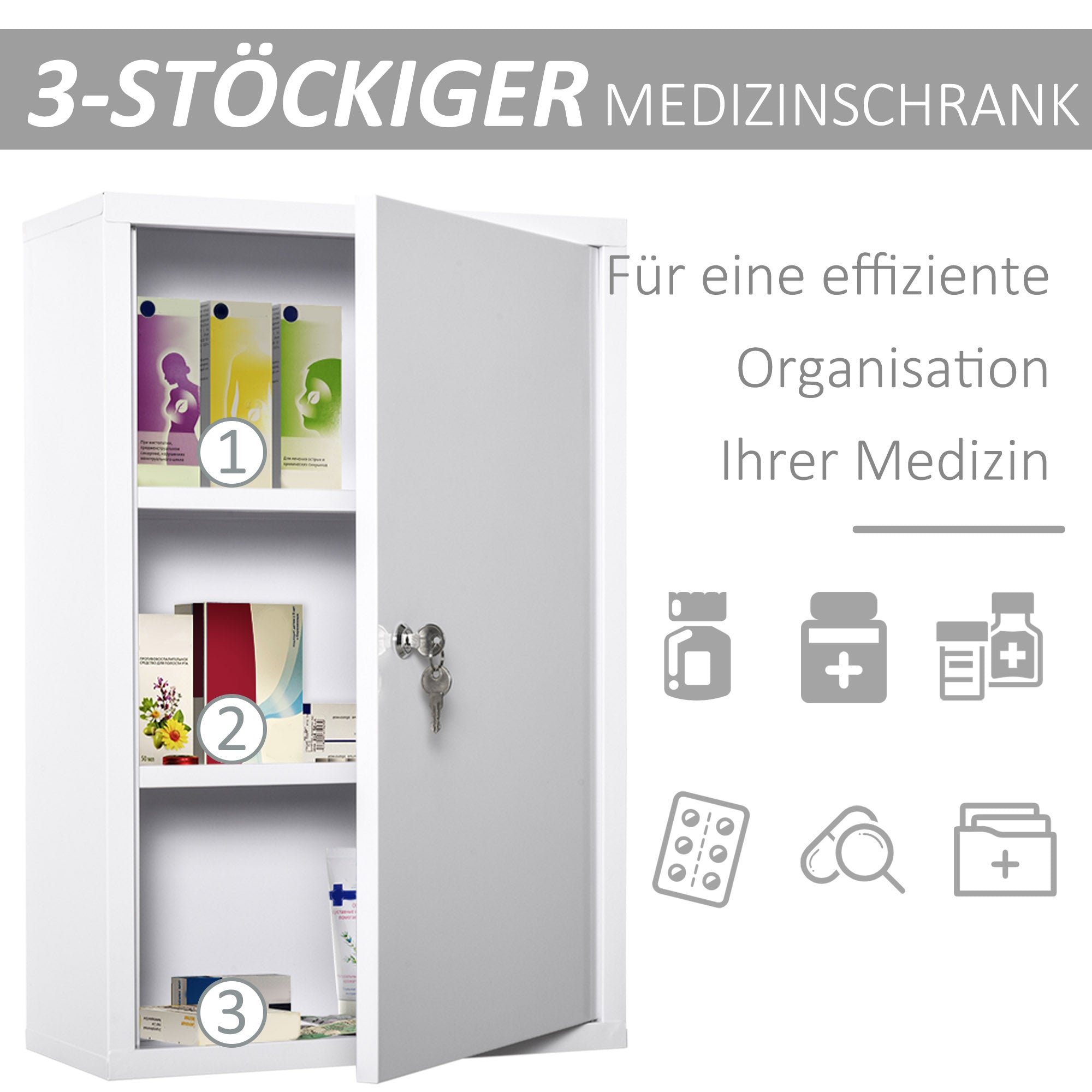 kleankin Medizinschrank Arzneischrank zur Medikamenten-Aufbewahrung, Abschließbar Medikamentenschrank Metall mit 3 Fächern Erste-Hilfe-Schrank, 40 x 18 x 60 cm, Weiß