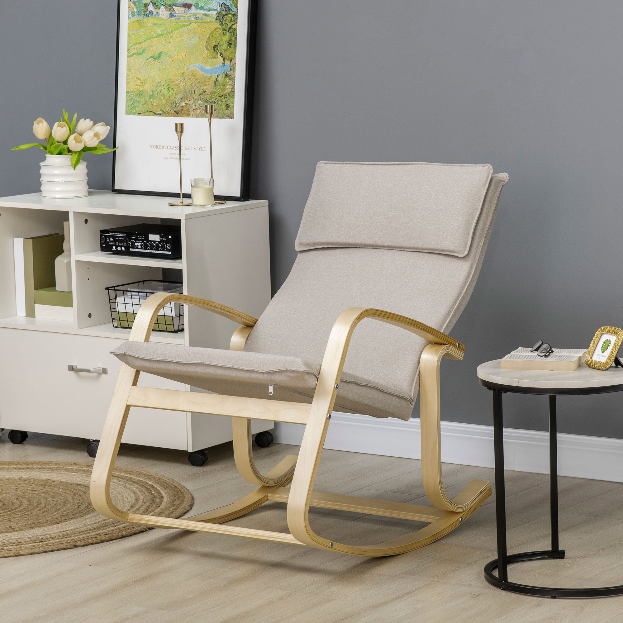 HOMCOM Schaukelstuhl Relaxsessel mit Kopfstütze Massivholz