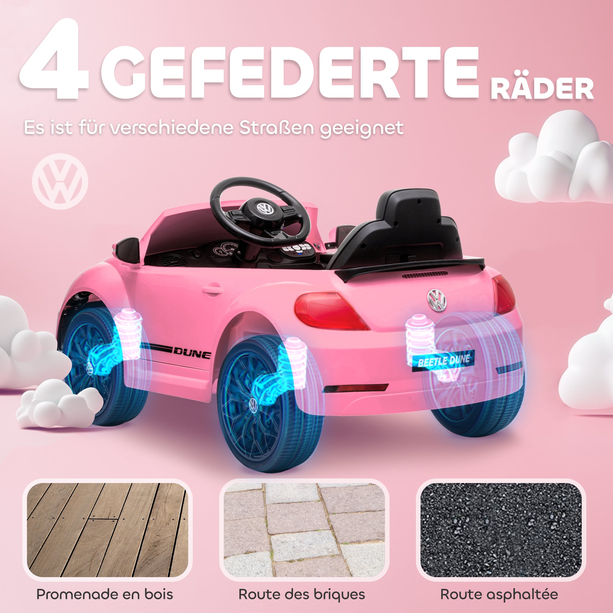 AIYAPLAY Elektro-Kinderfahrzeug, VW Käfer, 3-5 km/h, mit Fernbedienung & Musik, Rosa