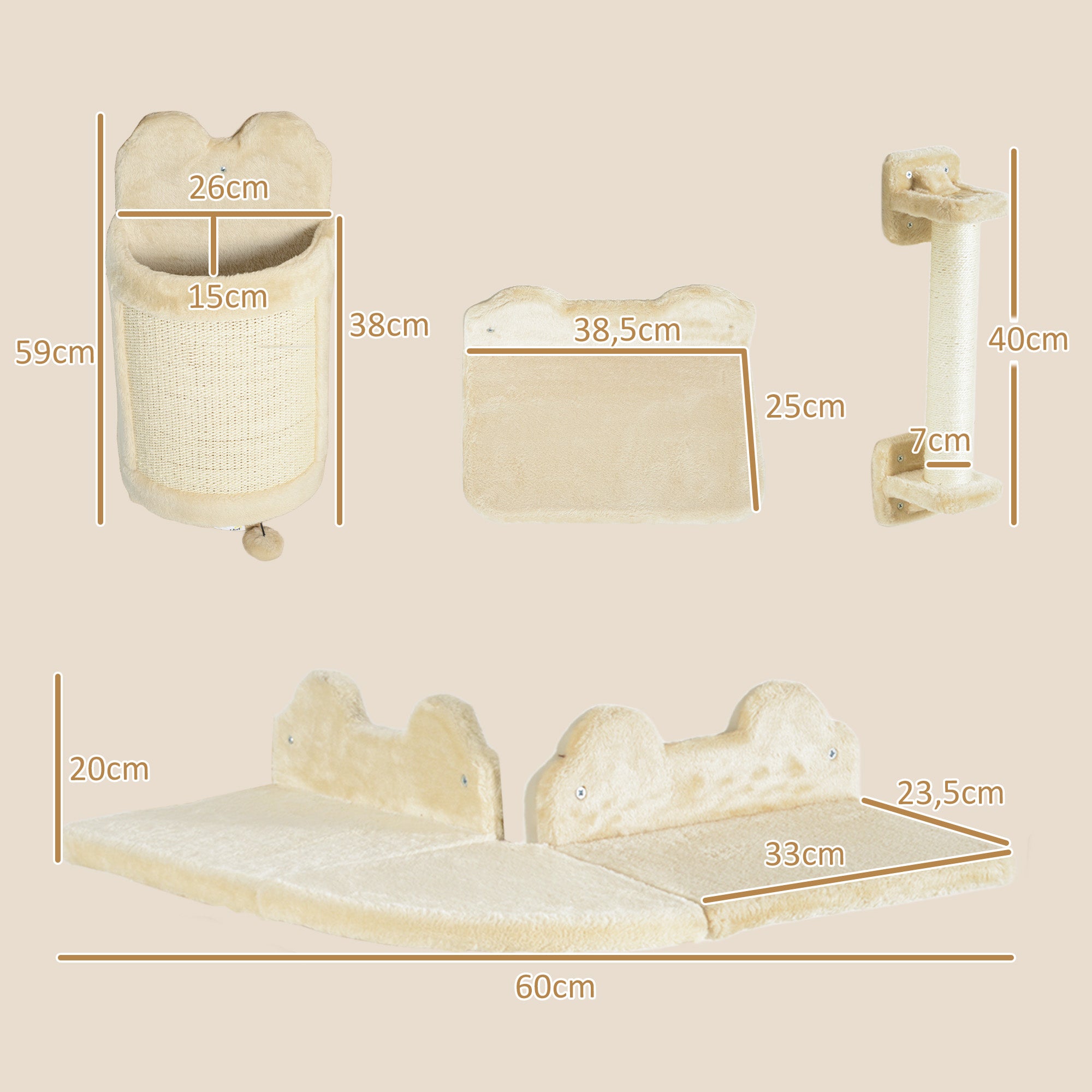 PawHut Katzentreppen-Set, 4-teilig, Kletterwand, Kratzbaum, Plüschbezug/Sisal, Beige