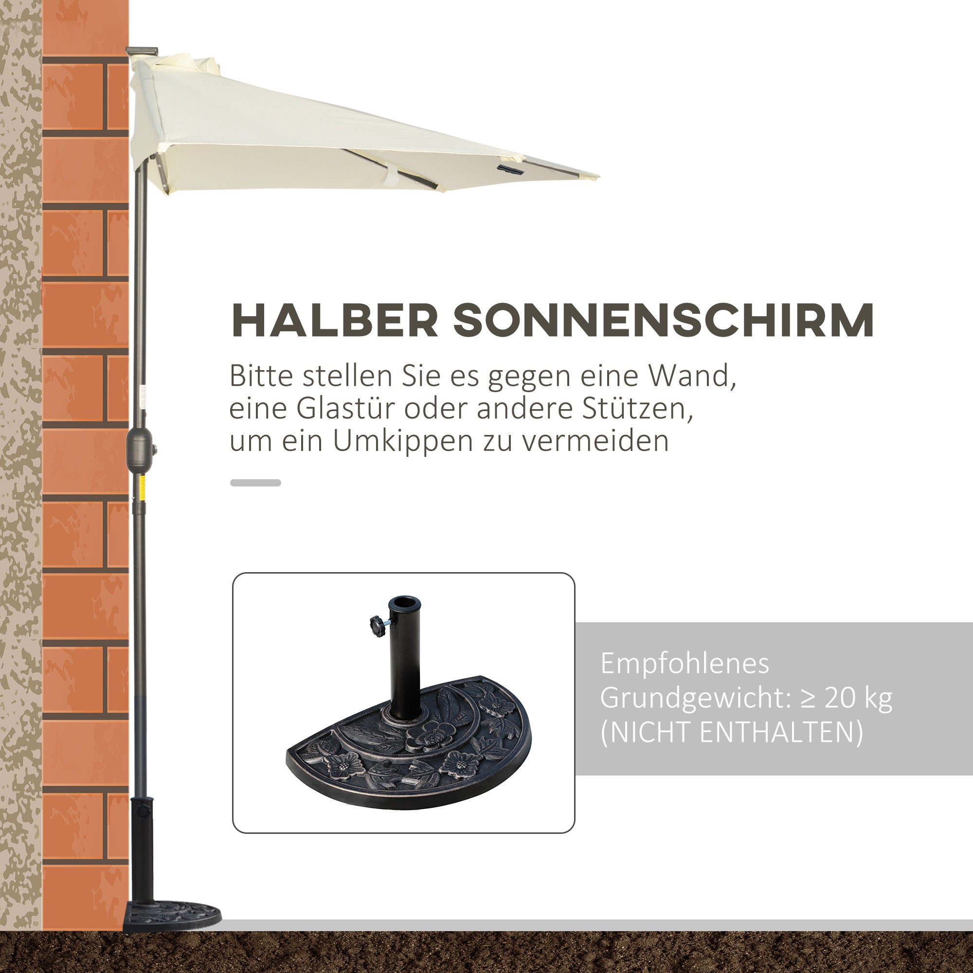 Outsunny Sonnenschirm, Terrassenschirm, halbrund, mit Solarpaneel, 20 LEDs, Handkurbel, beige, 2,70 x 1,35 x 2,40 m