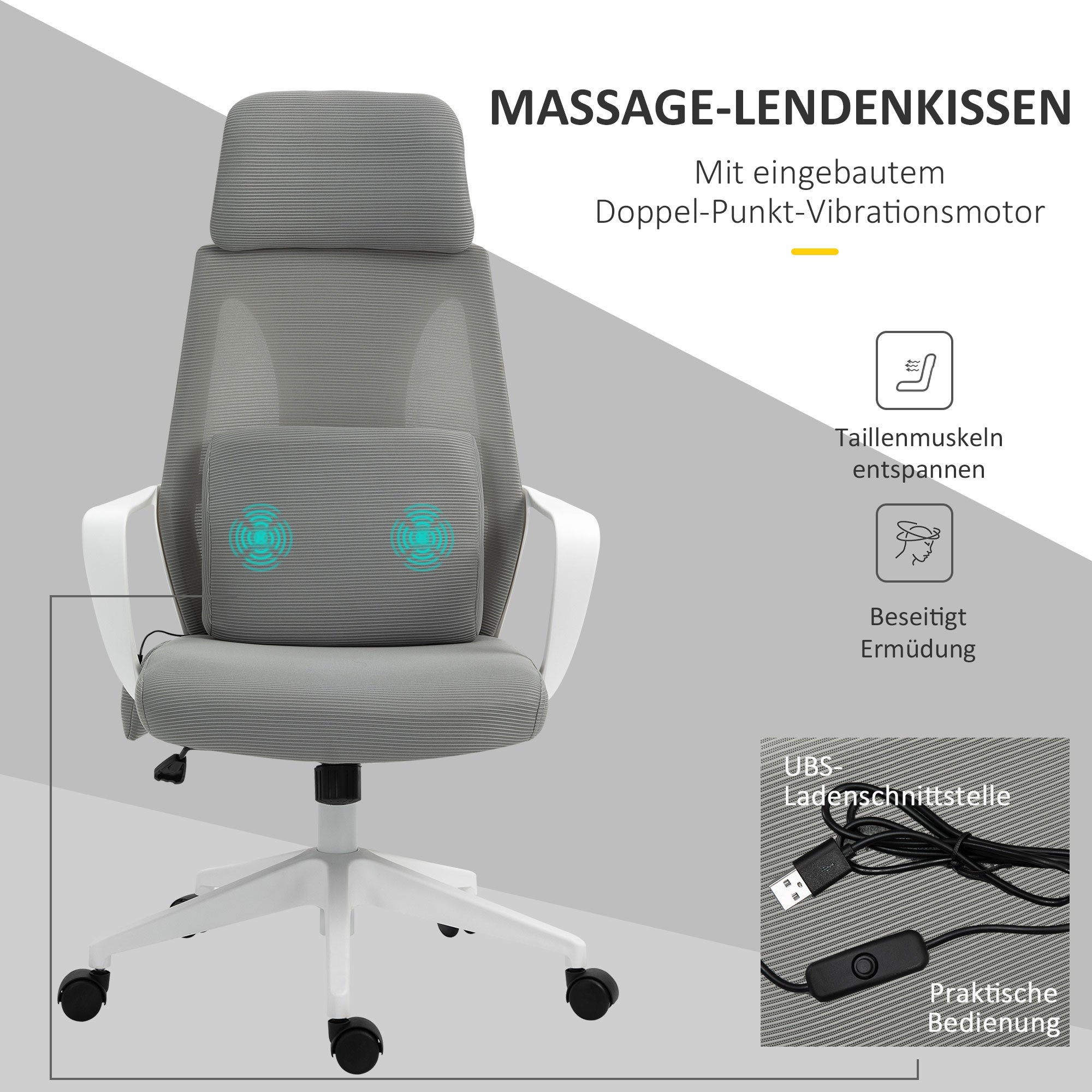 Vinsetto Bürostuhl höhenverstellbarer Drehstuhl Massagesessel ergonomischer Chefsessel mit Massagefunktion Gamingstuhl Nylon Grau 62 x 60 x 114-122 cm