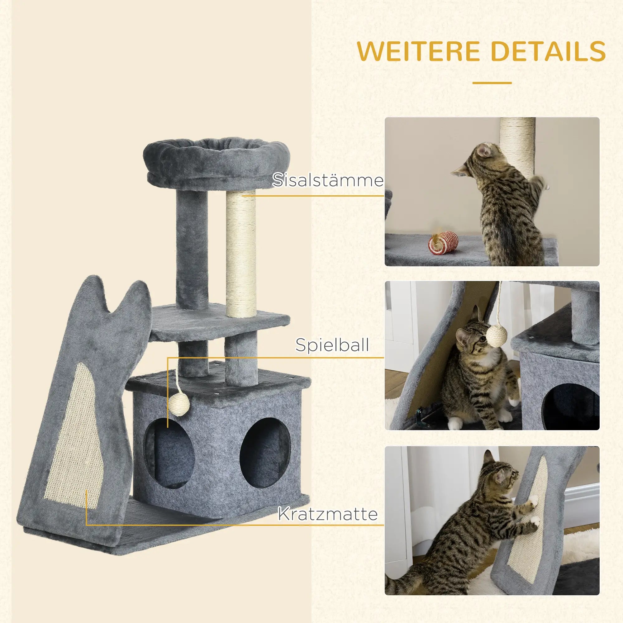 PawHut Kratzbaum Katzenbaum mit Spielball und Häuschen