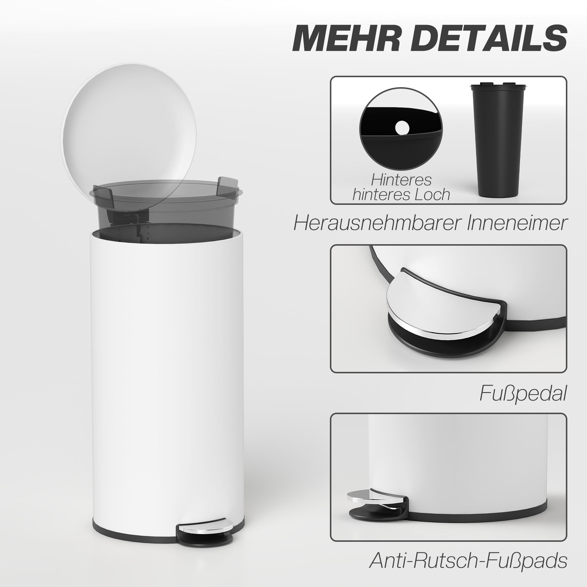 HOMCOM Mülleimer 30L, Treteimer, einrastbarer Deckel, Pedal, fleckenresistent, Cremeweiß