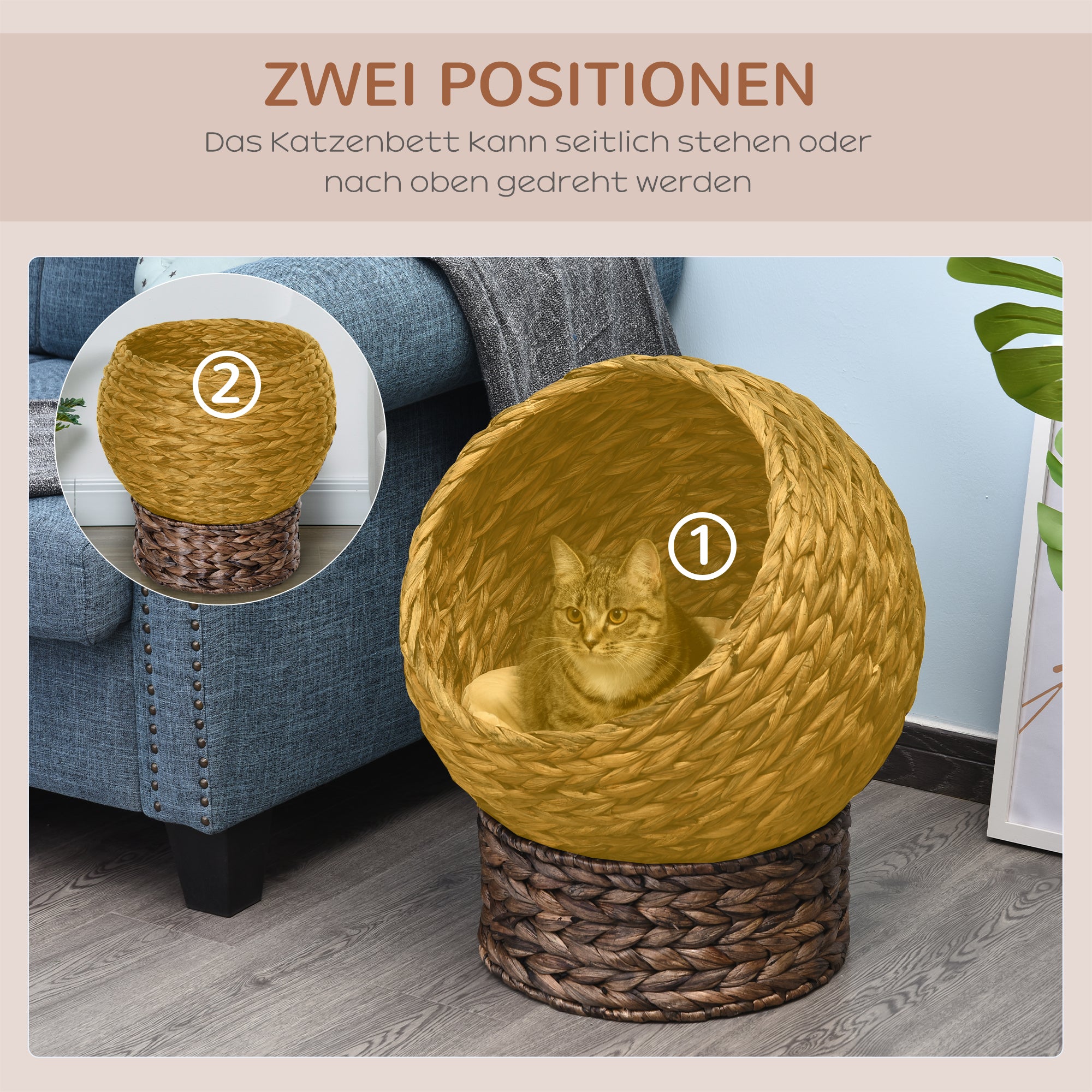 PawHut Katzenkorb aus Wasserhyazinthe inkl. Kissen, Katzenbett, Haustierbett,50 cm x 42 cm x 60 cm, Braun + Beige