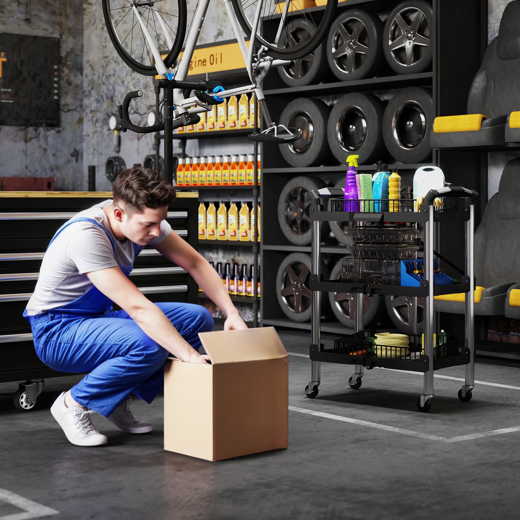 HOMCOM Werkzeug-Trolley, klappbarer 3-stufiger Werkzeugwagen, Kunststoff, Stahl, Schwarz