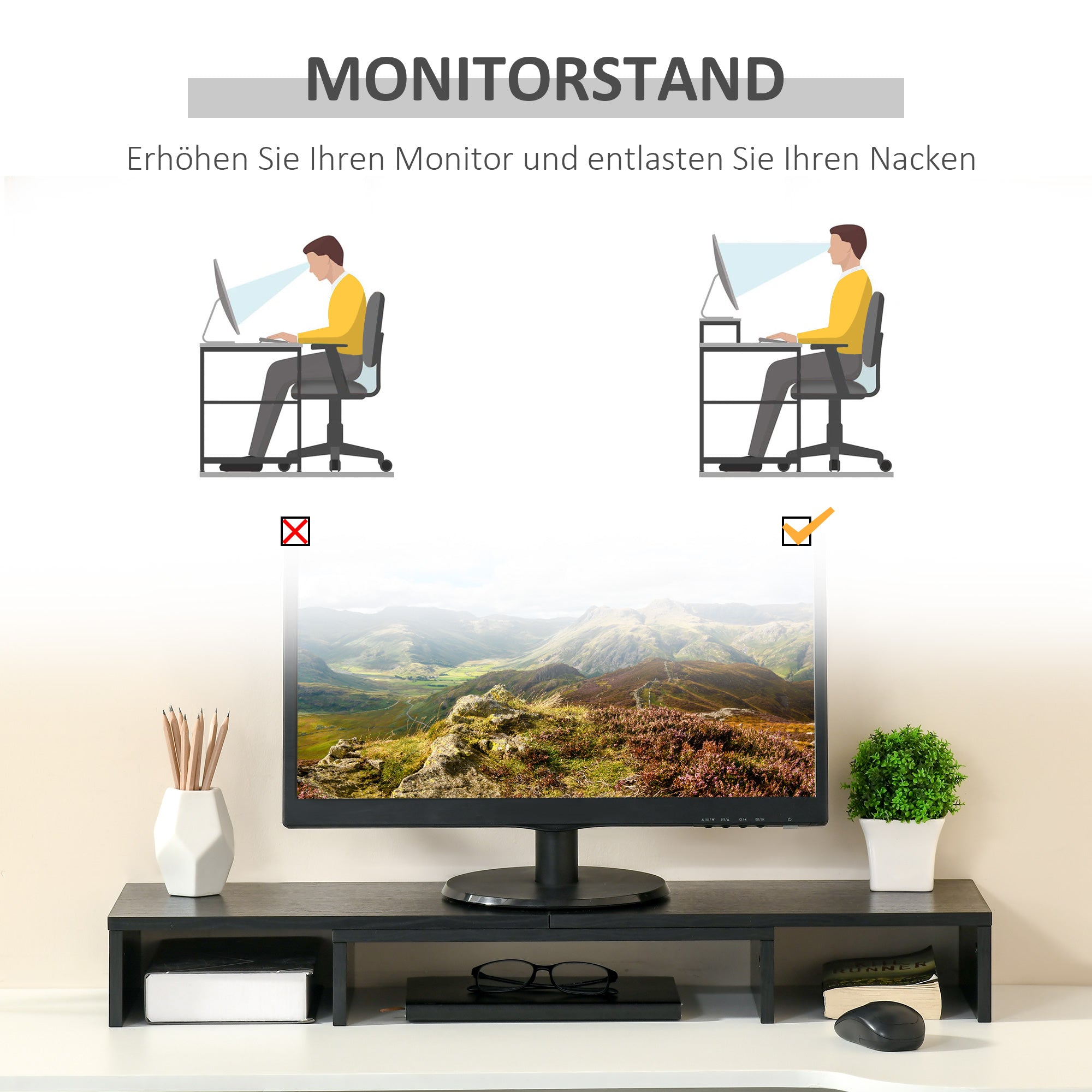 Vinsetto Monitorständer Monitor Stand Dual Bildschirmerhöhung Verstellbare Länge und Schwenkwinkel Bildschirmständer für PC Notebook Laptop Drucker 80-117 x 23,5 x 10 cm Schwarz