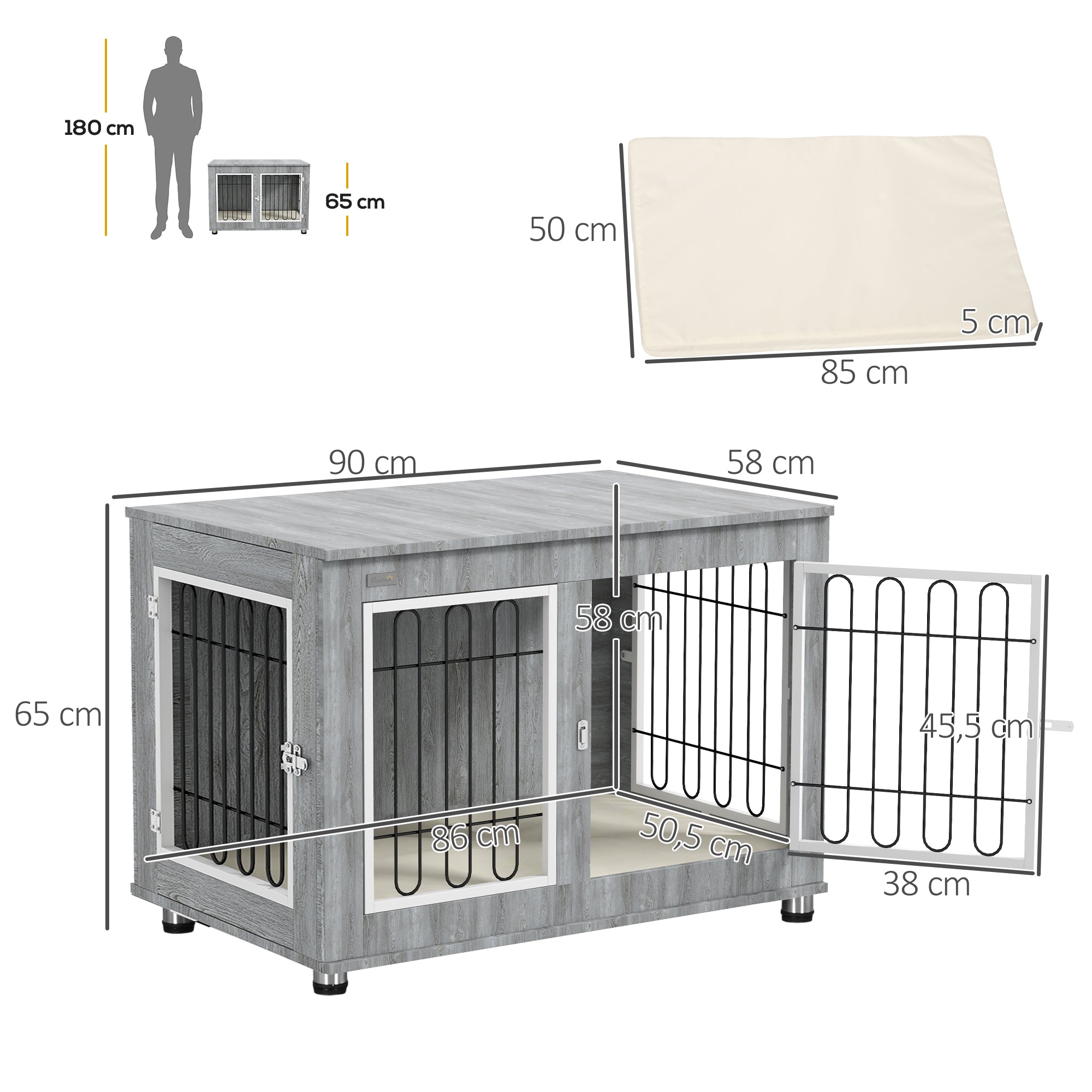 PawHut Hundekäfig Hundebox waschbares Polster, 2 Verriegelungen, 90 cm x 58 cm x 65 cm, Grau
