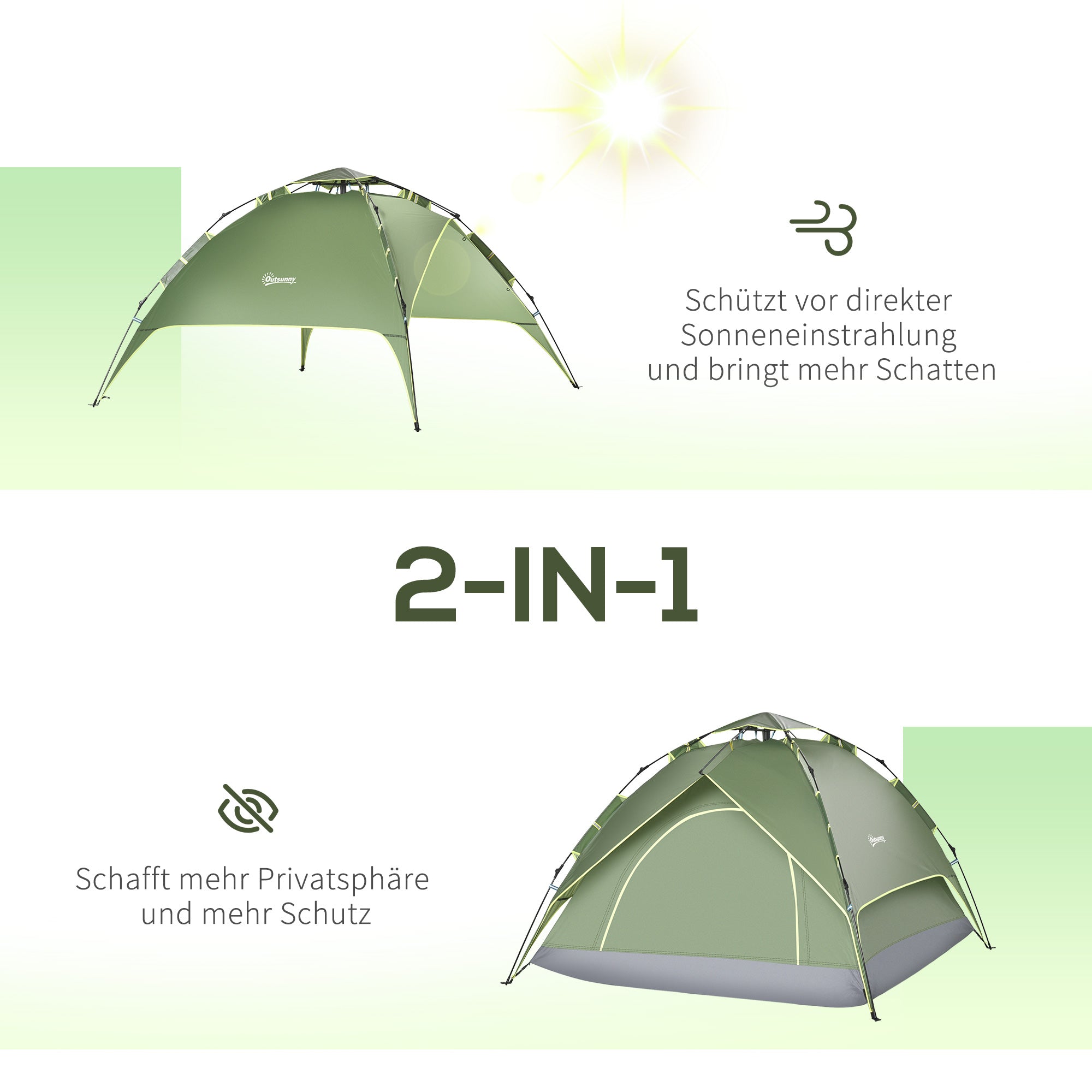 Outsunny Doppelzelt Campingzelt Outdoorzelt Familienzelt Quick-Up-Zelt 2 Erwachsene + 1 Kind 4 Jahreszeiten wasserdicht Tragetasche 2 Türen Polyester + Glasfaser Dunkelgrün 210 x 210 x 140 cm