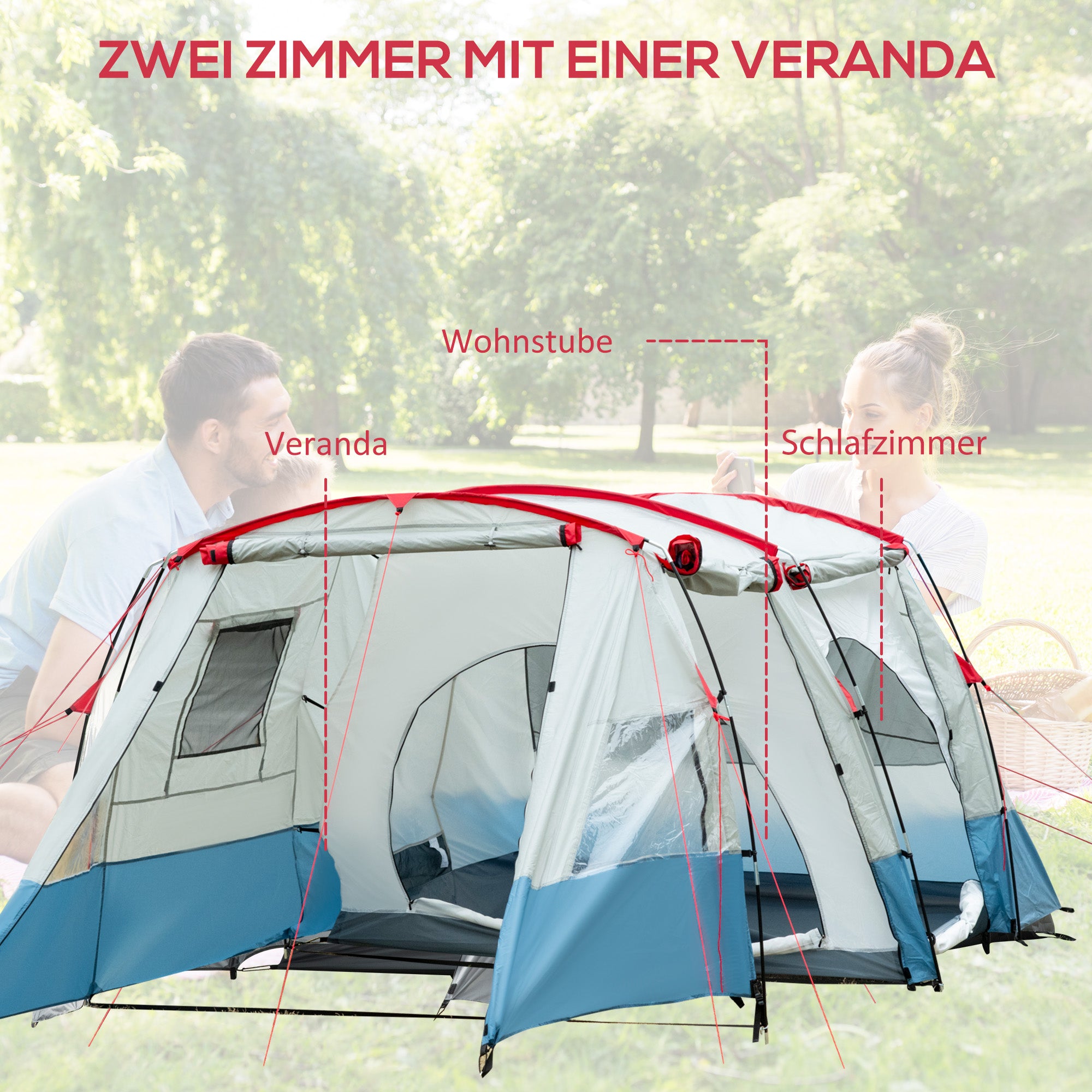 Outsunny Campingzelt, für 6-8 Personen, zwei Räume, Lampenhaken, mit Tragetasche, Blau, 5,10x2,40x1,80m