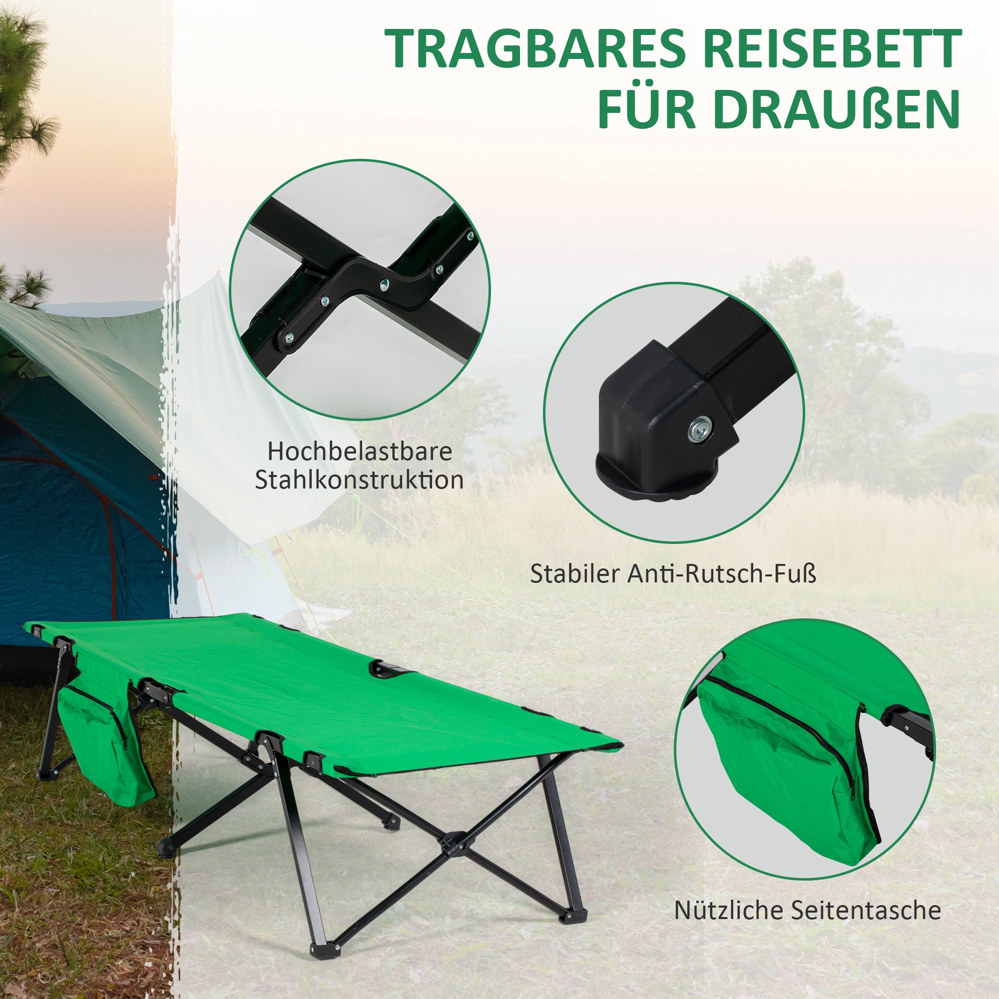 Outsunny Campingbett Feldbett Klappbett klappbar mit Seitentasche Getränkehalter bis 136 kg belastbar Stahl Oxford Grün+Schwarz 190 x 65 x 40 cm