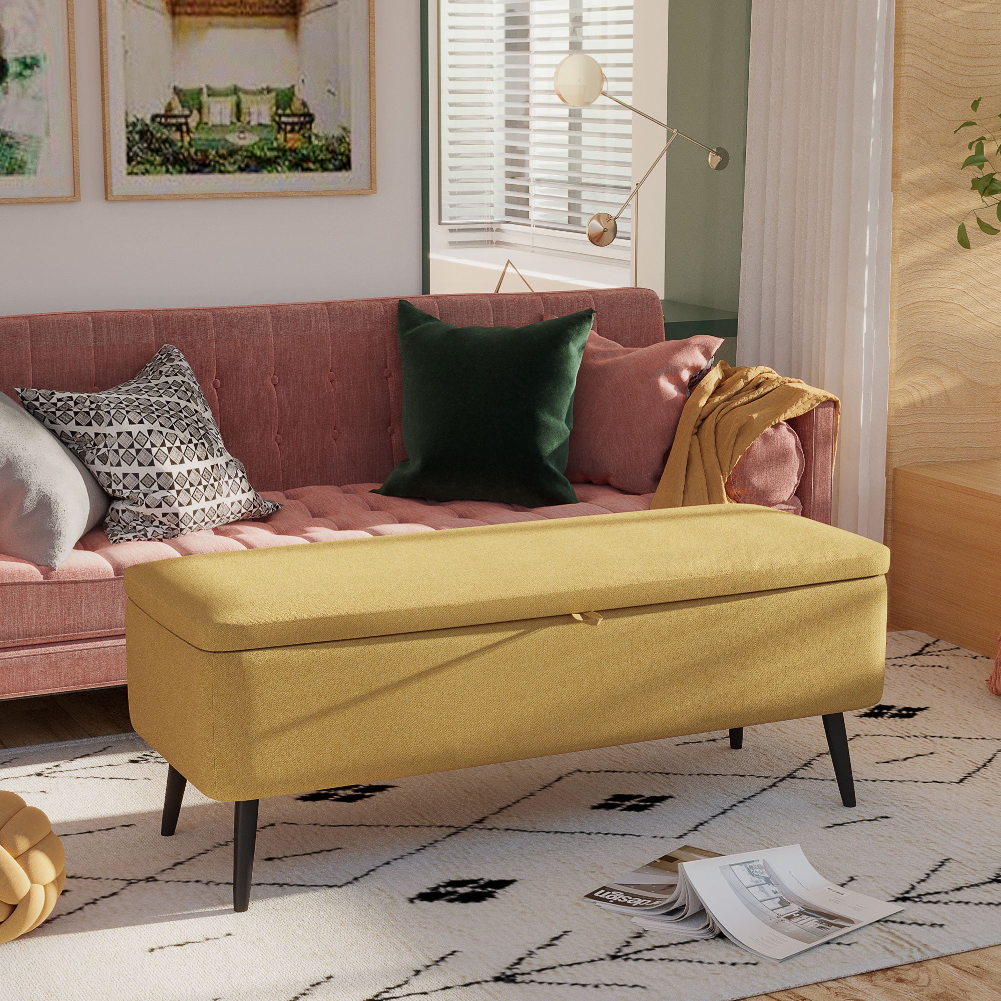 HOMCOM Sitzbank, Sitztruhe, Polsterbank, Leinenoptik, bis 150kg, 101x38,5x44,5 cm, Gelb