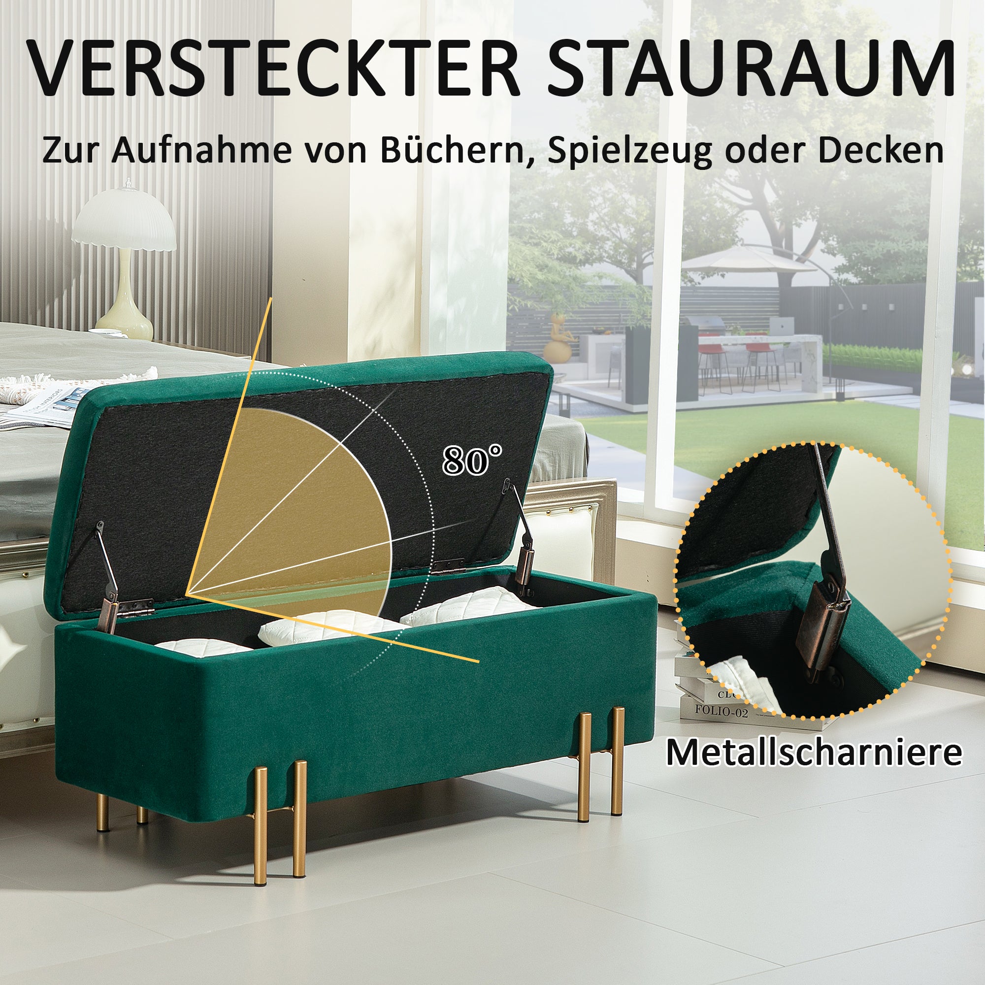 HOMCOM Sitzbank, Polsterbank mit Stauraum, Metall, Kautschukholz, Schaumstoff, 100 x 40 x 42 cm, Grün