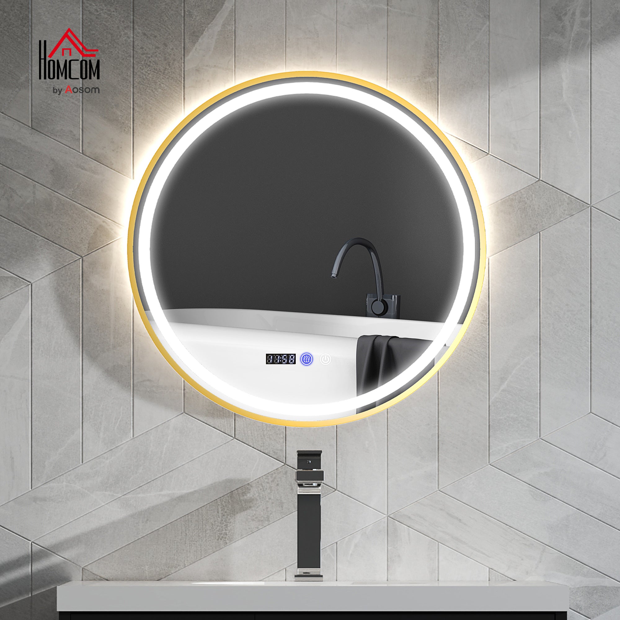 HOMCOM Runder Badezimmerspiegel mit LED-Lichtern, Badspiegel mit Anti-Beschlag-Funktion, Touch-Bedienung, Display