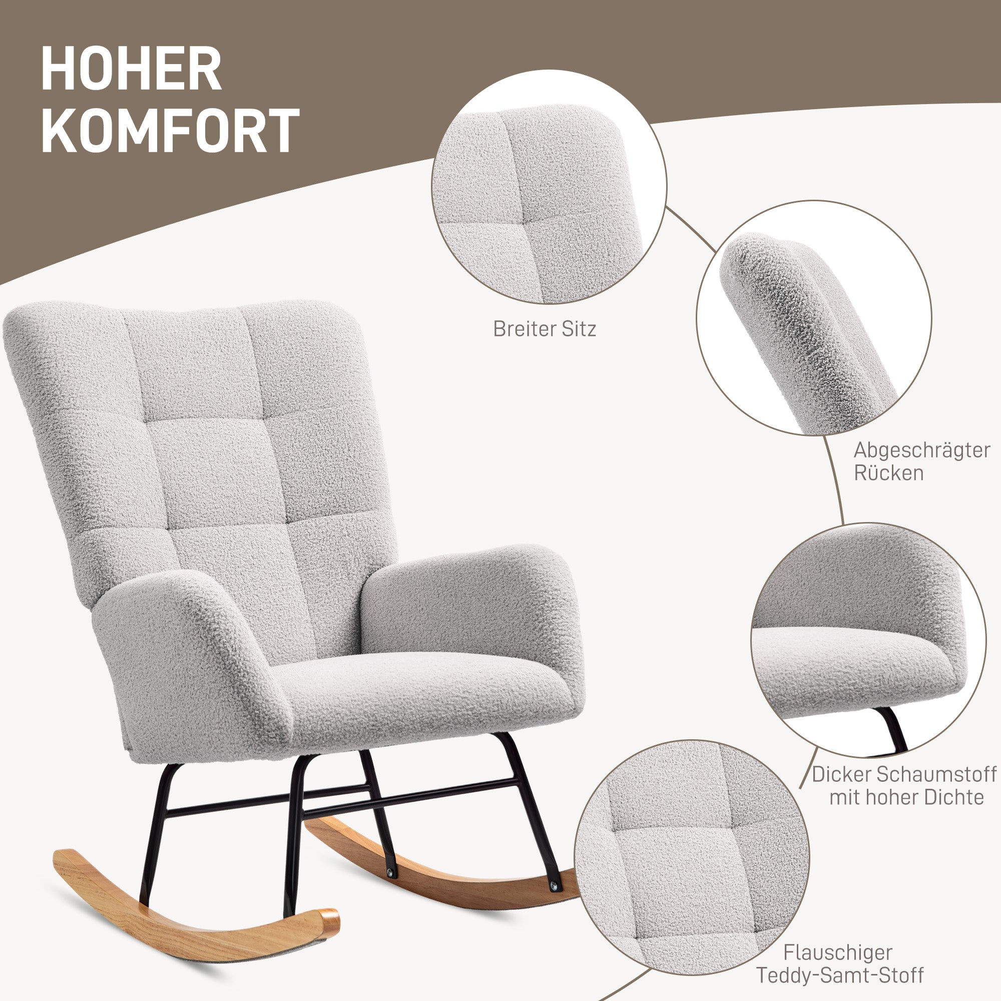 HOMCOM Schaukelstuhl, kuscheliger Bezug, dicke Polsterung, rutschfest, Hellgrau