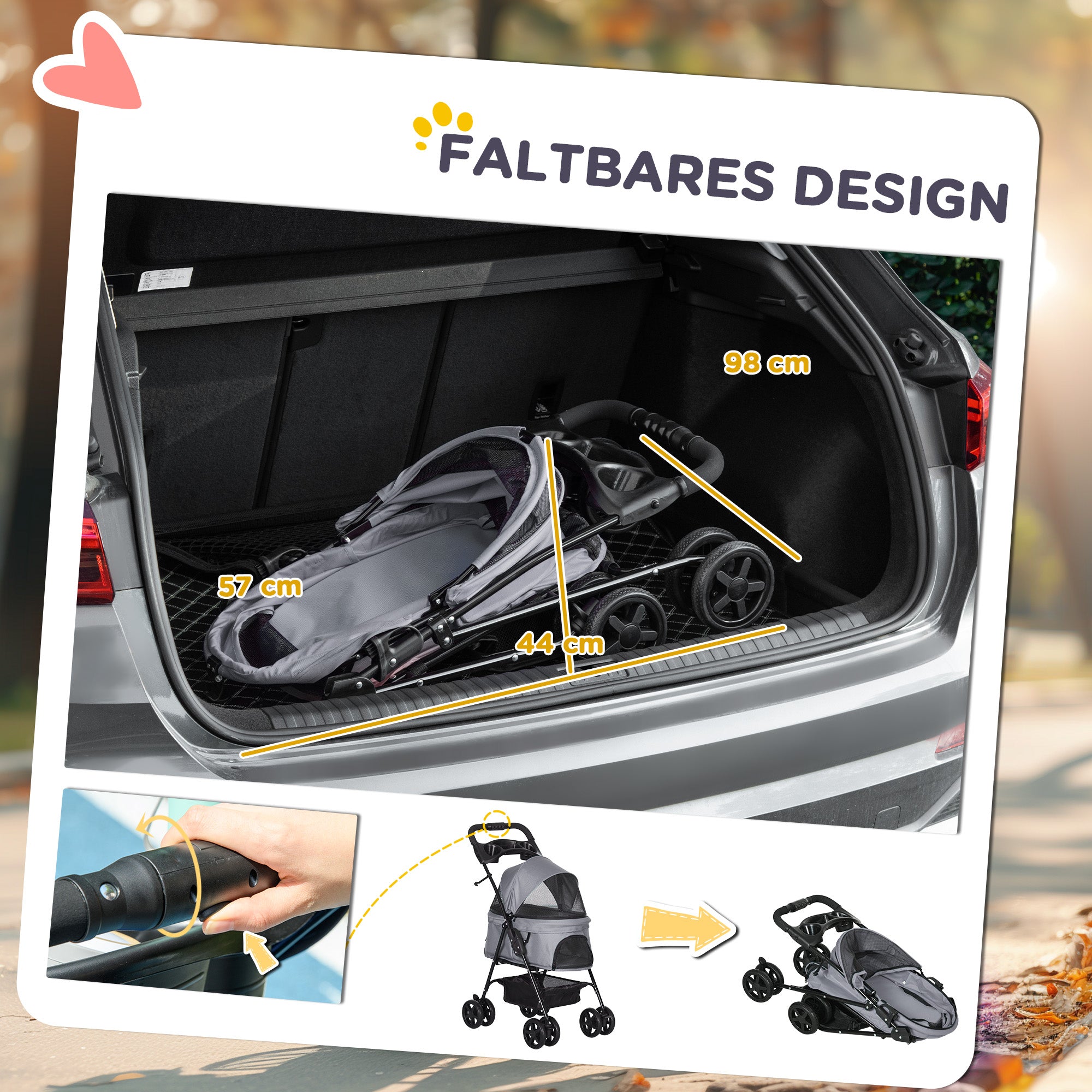 PawHut Hundebuggy Hundewagen bis 4 kg Klappbar Netzfenster Bodenkorb Becherhalter abnehmbares Dach grau 67 x 45 x 96 cm