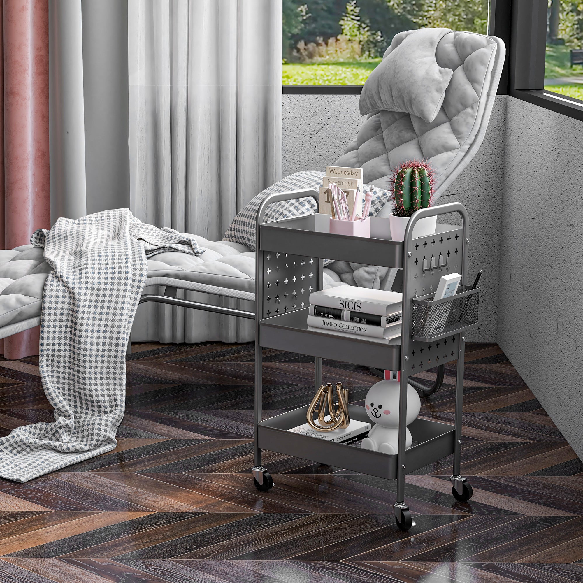 HOMCOM Mehrzweckwagen Rollwagen Küchenwagen, 3 Regale, 4 Rollen, 53,5 cm x 30,5 cm x 75 cm, Grau