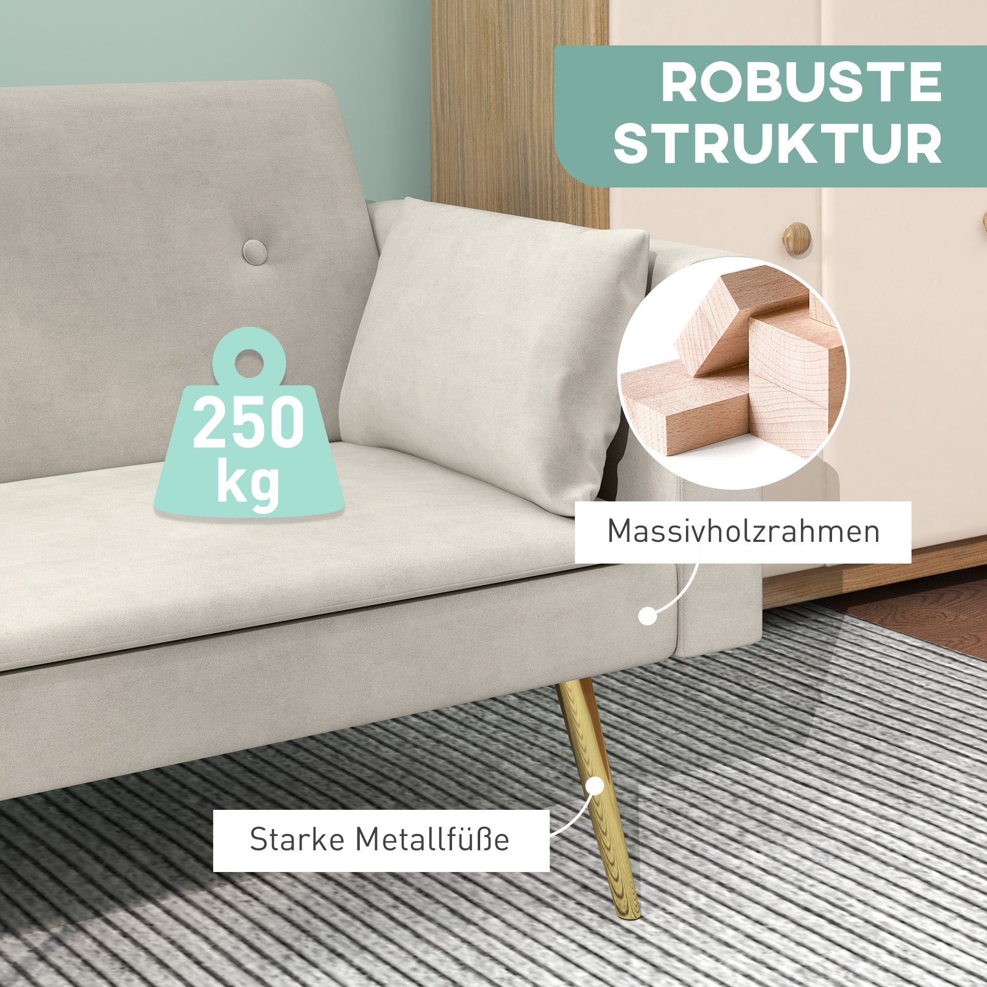 HOMCOM 2-Sitzer Bettsofa, Verstellbare Rückenlehne, weiche Kissen, samtartiger Bezug, für Wohnzimmer, Gästezimmer, Beige