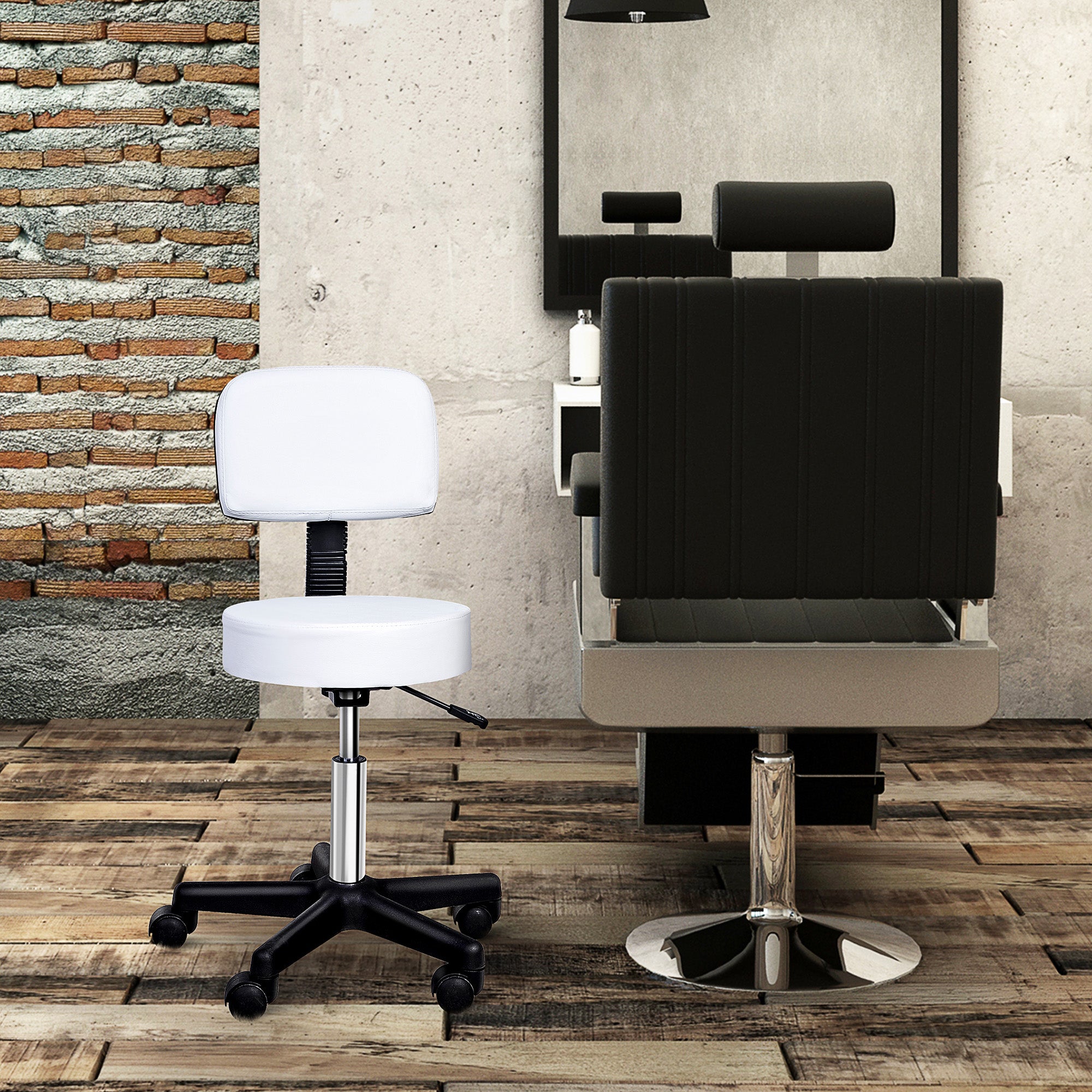 HOMCOM Rollhocker Höhenverstellbarer Arbeitshocker mit Lehne, Drehbarer Salon Hocker für Massage Büro Kunstleder Weiß Ø35 x 72-84 cm