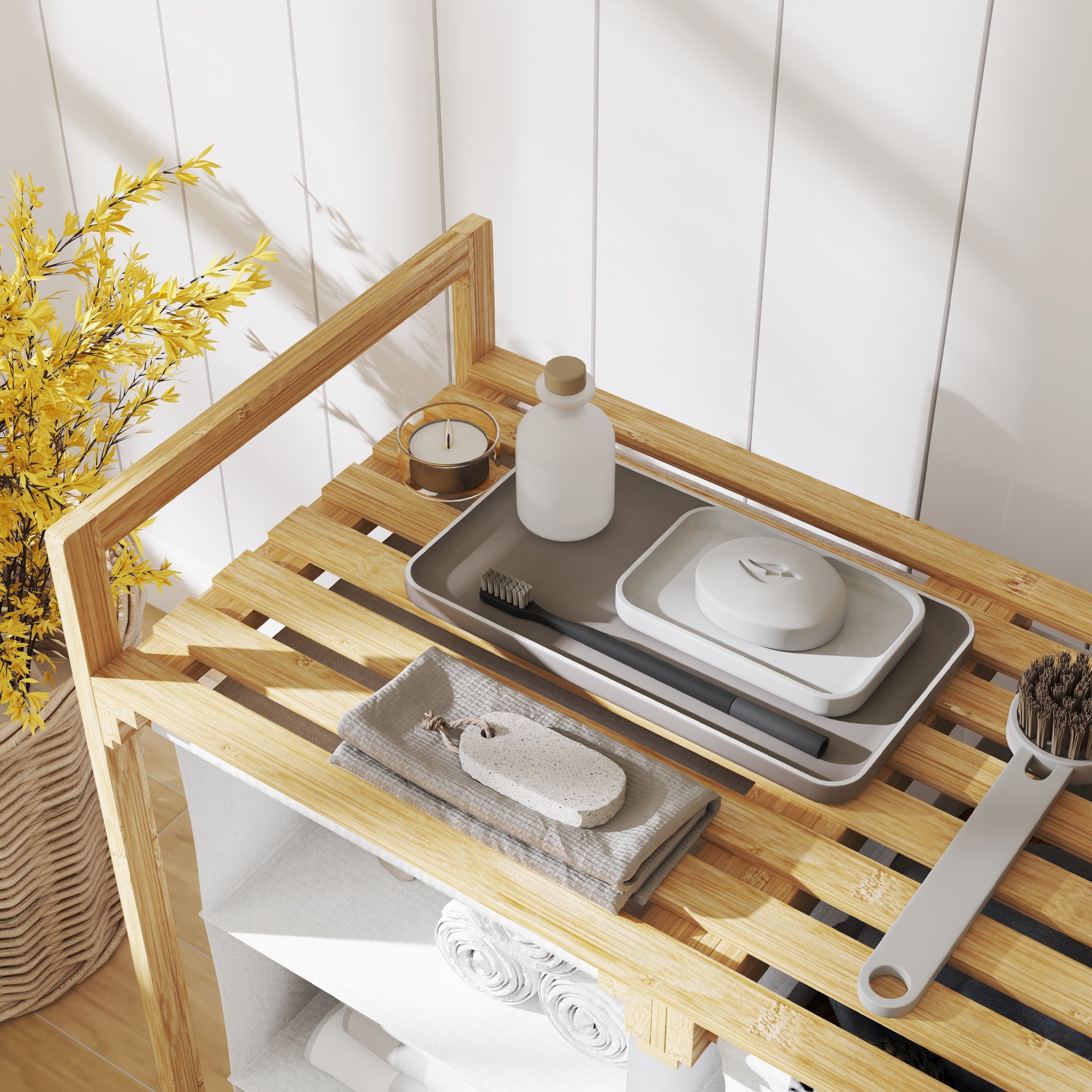 HOMCOM Wäschekorb mit Wäschesack, Stoffschublade, Bambus, 70x36x70 cm, Weiß/Holz