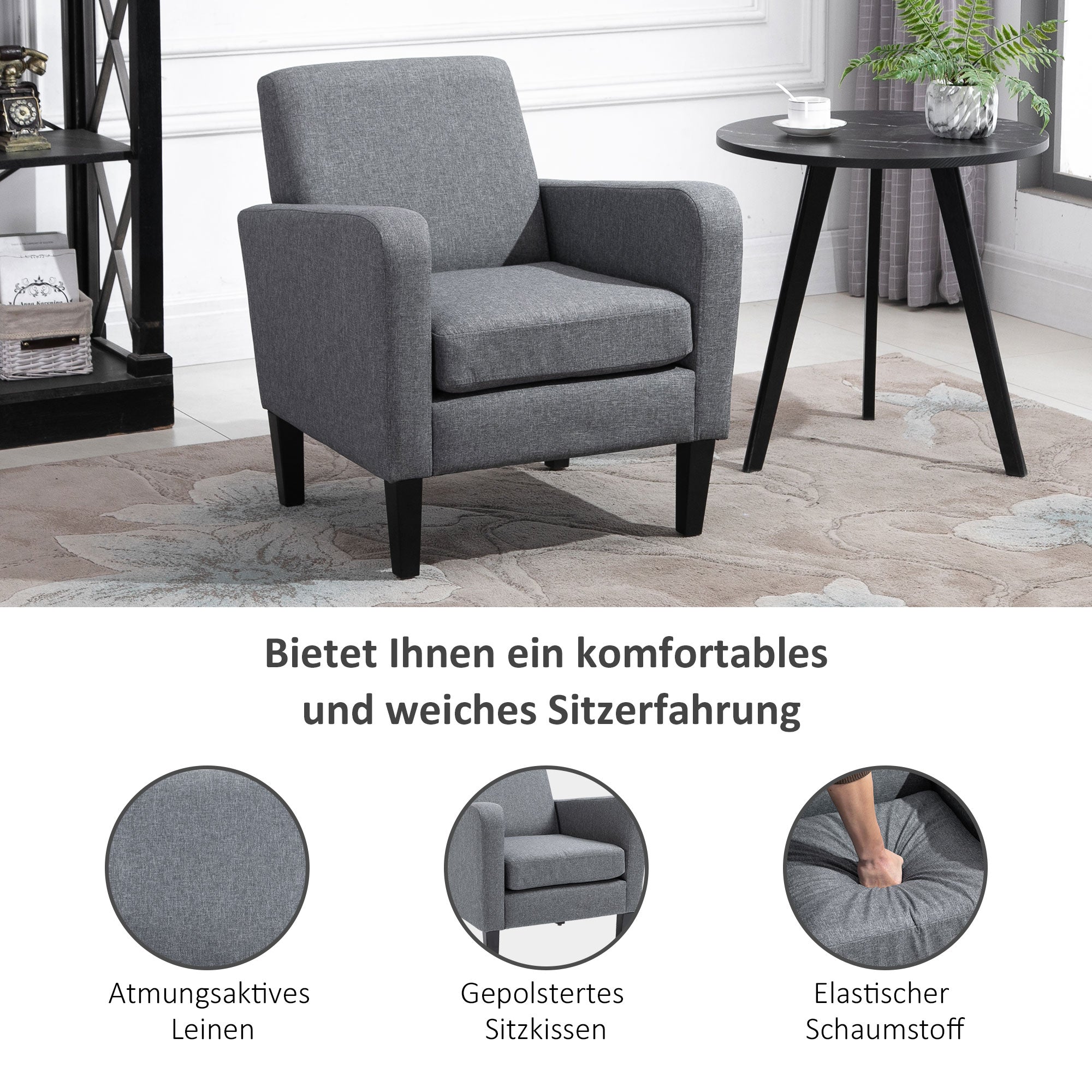 HOMCOM Einzelsessel, Relaxsessel, Polstersessel mit Holzfüßen, Stoff in Leinenoptik, 66 x 72 x 74 cm, Hellgrau