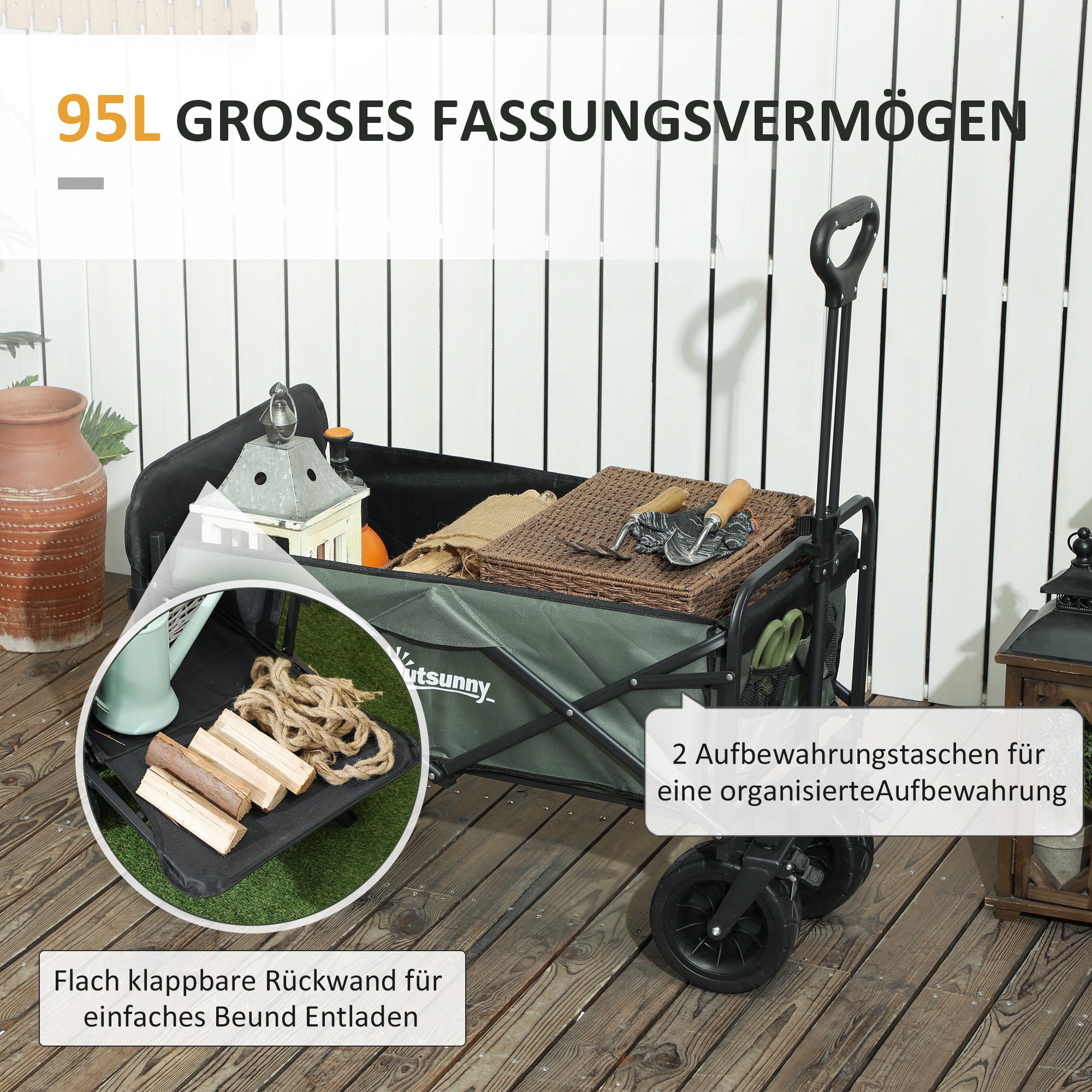 Outsunny Gartenwagen 120 kg belastbar, klappbar Transportwagen mit herausnehmbare Plane, Griff, Rädern 95 Liter Grün