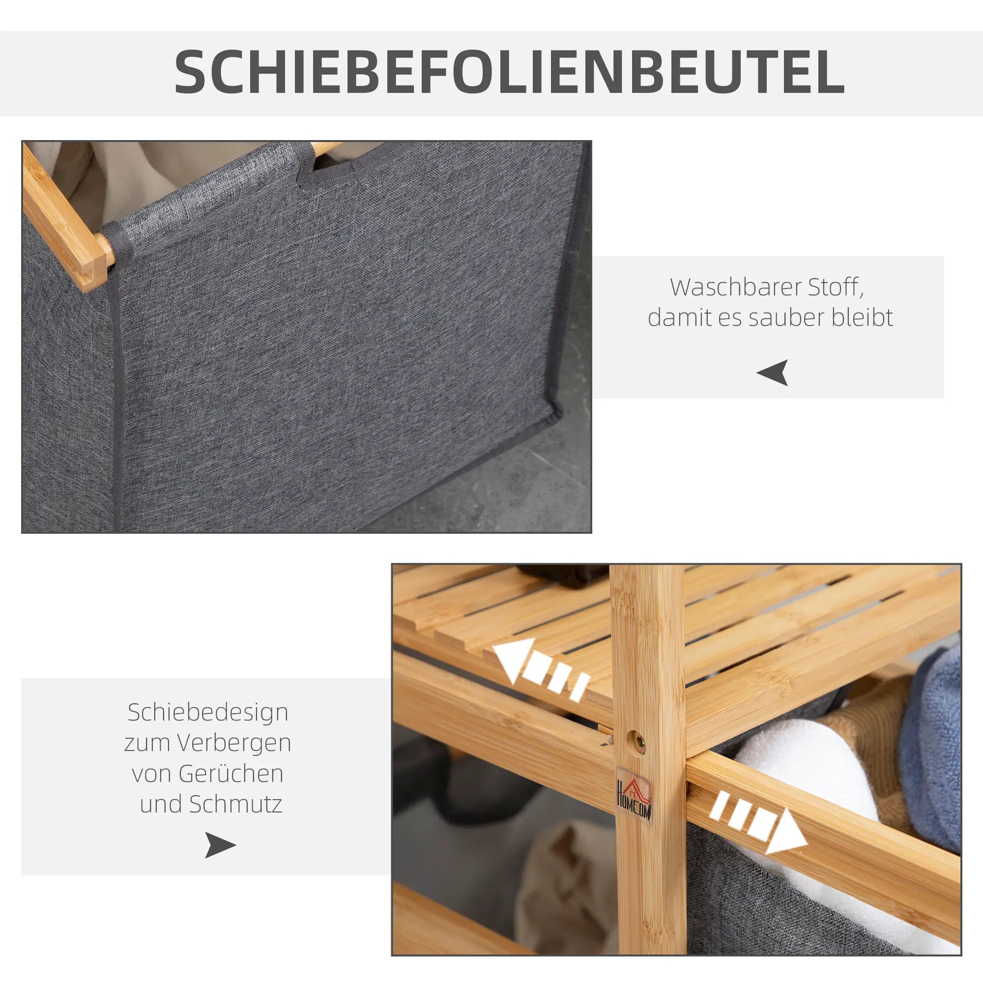 HOMCOM Wäschekorb 2 Fächer mit Rollen Bambus