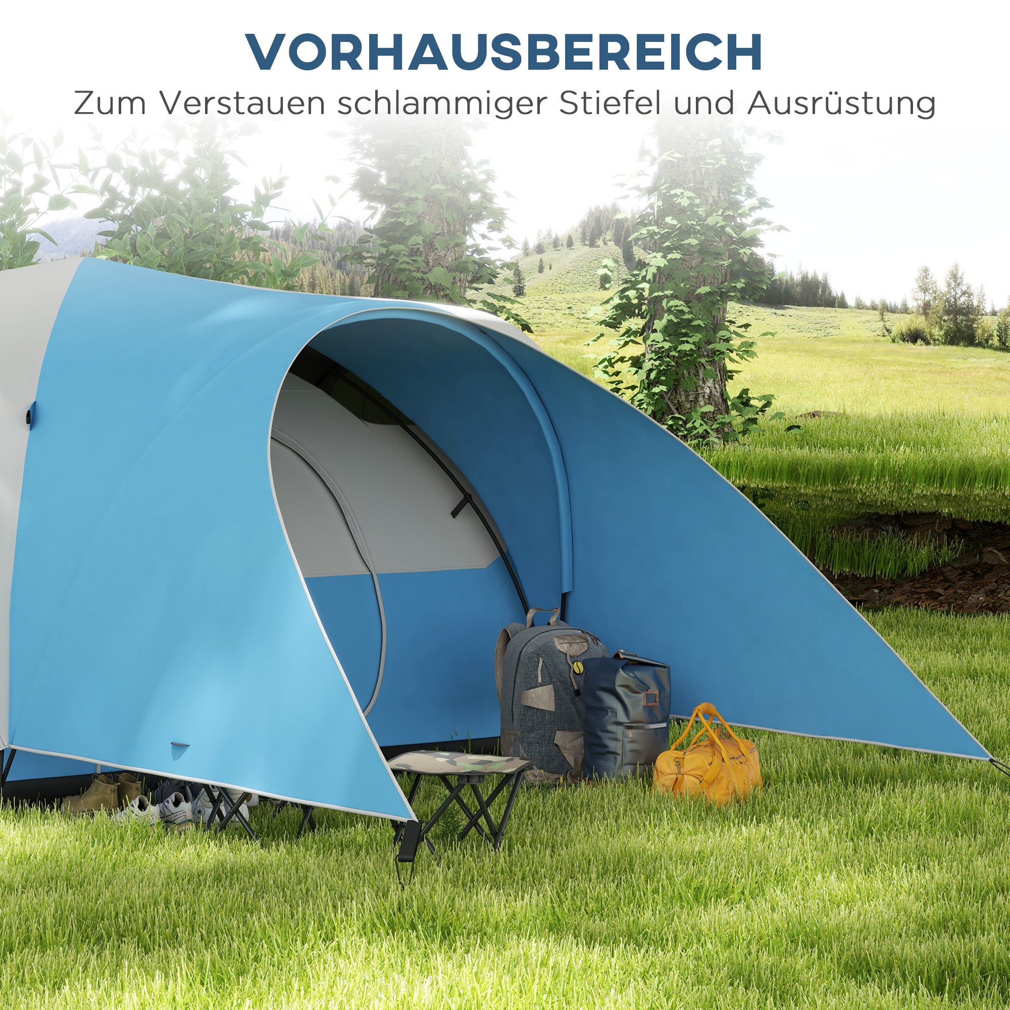 Outsunny Campingzelt für 5-6 Pers., Familienzelt, wasserdicht, mit Vorzelt, 550L x 300B x 198Hcm, Blau