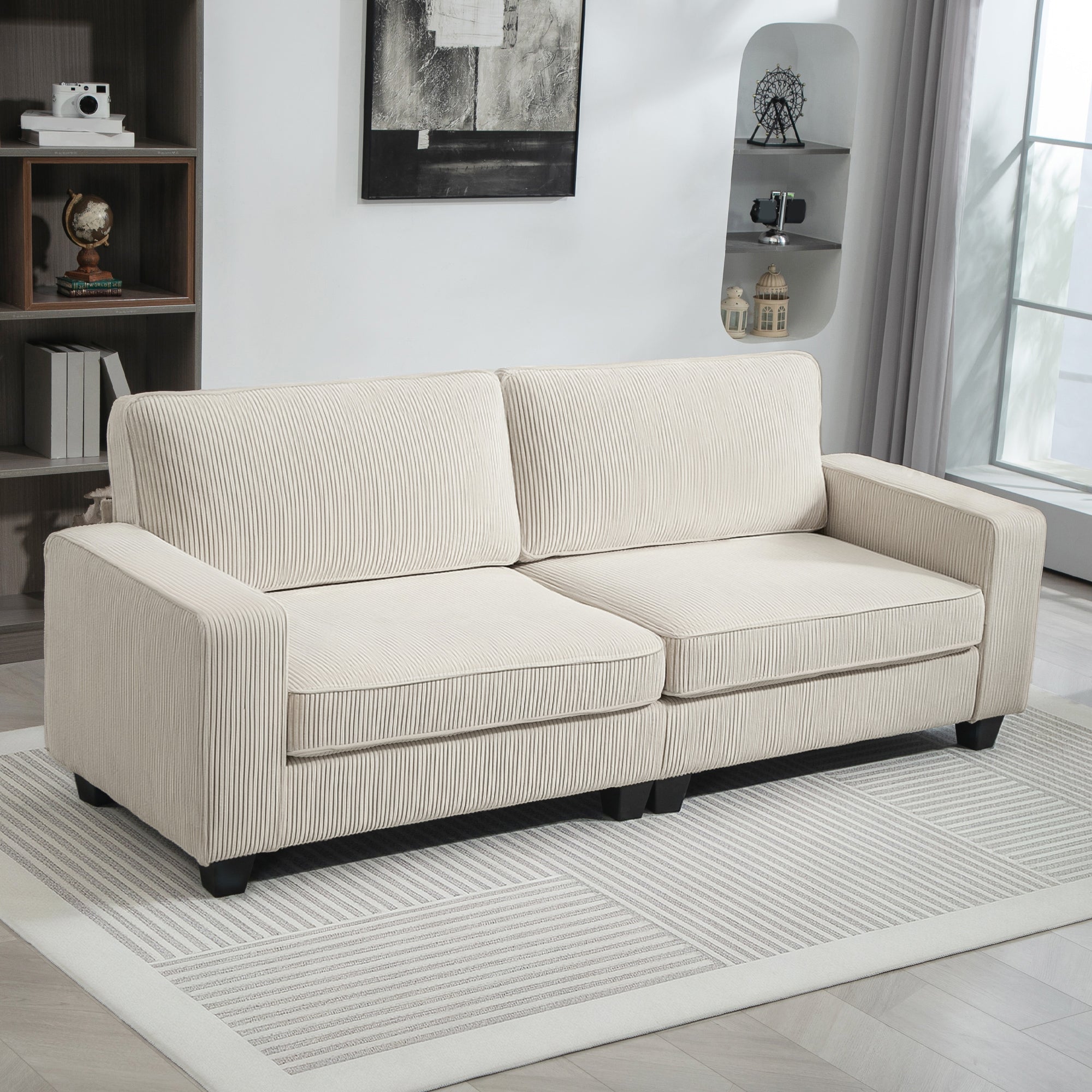 HOMCOM 3-Sitzer Sofa mit Cordbezug, Wohnzimmersofa mit Federkern, bis 400 kg, 227 x 84 x 87 cm, Cremeweiß