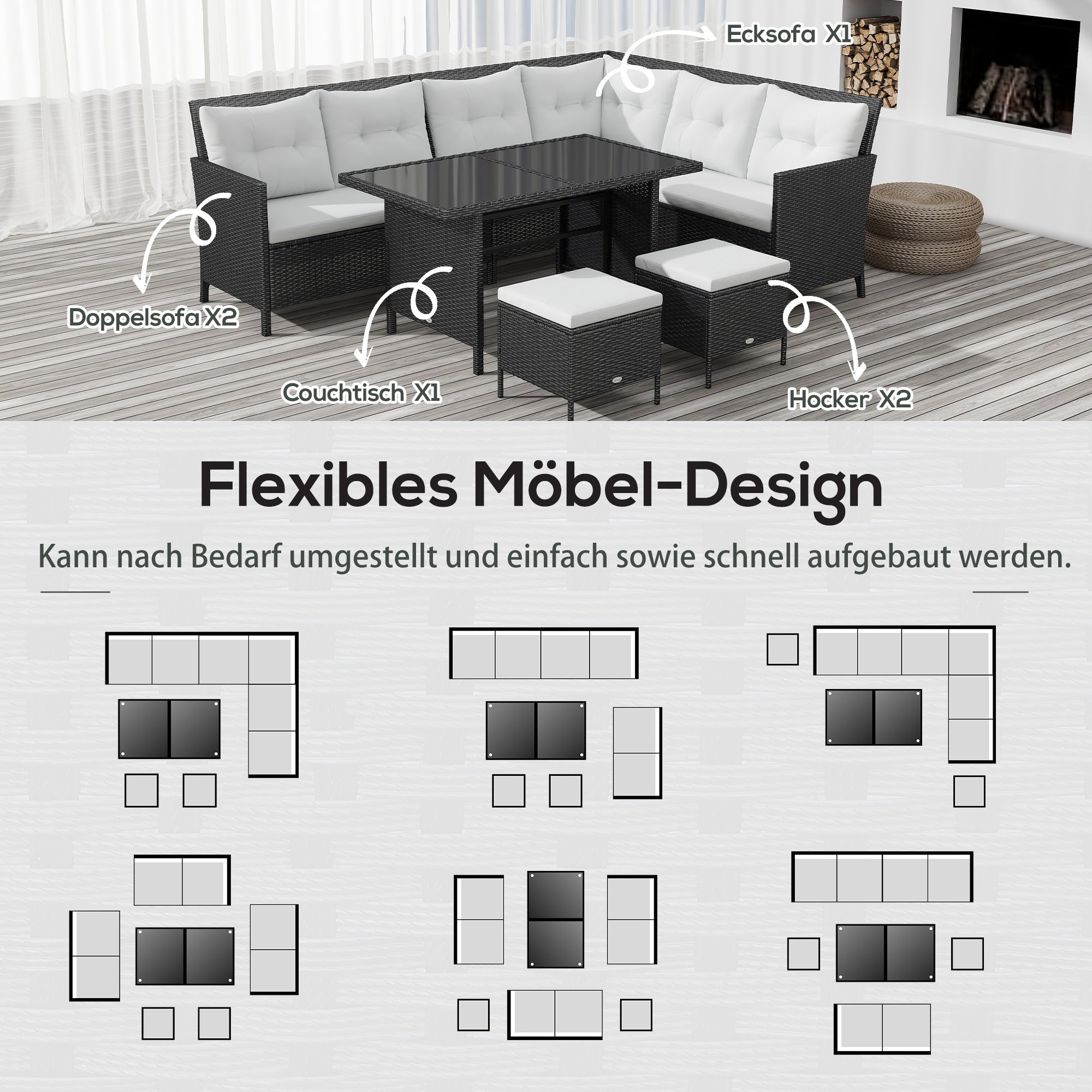Outsunny Gartenmöbel-Set aus PE-Rattan für 7 Personen, abnehmbare Polster, Cremeweiß + Schwarz