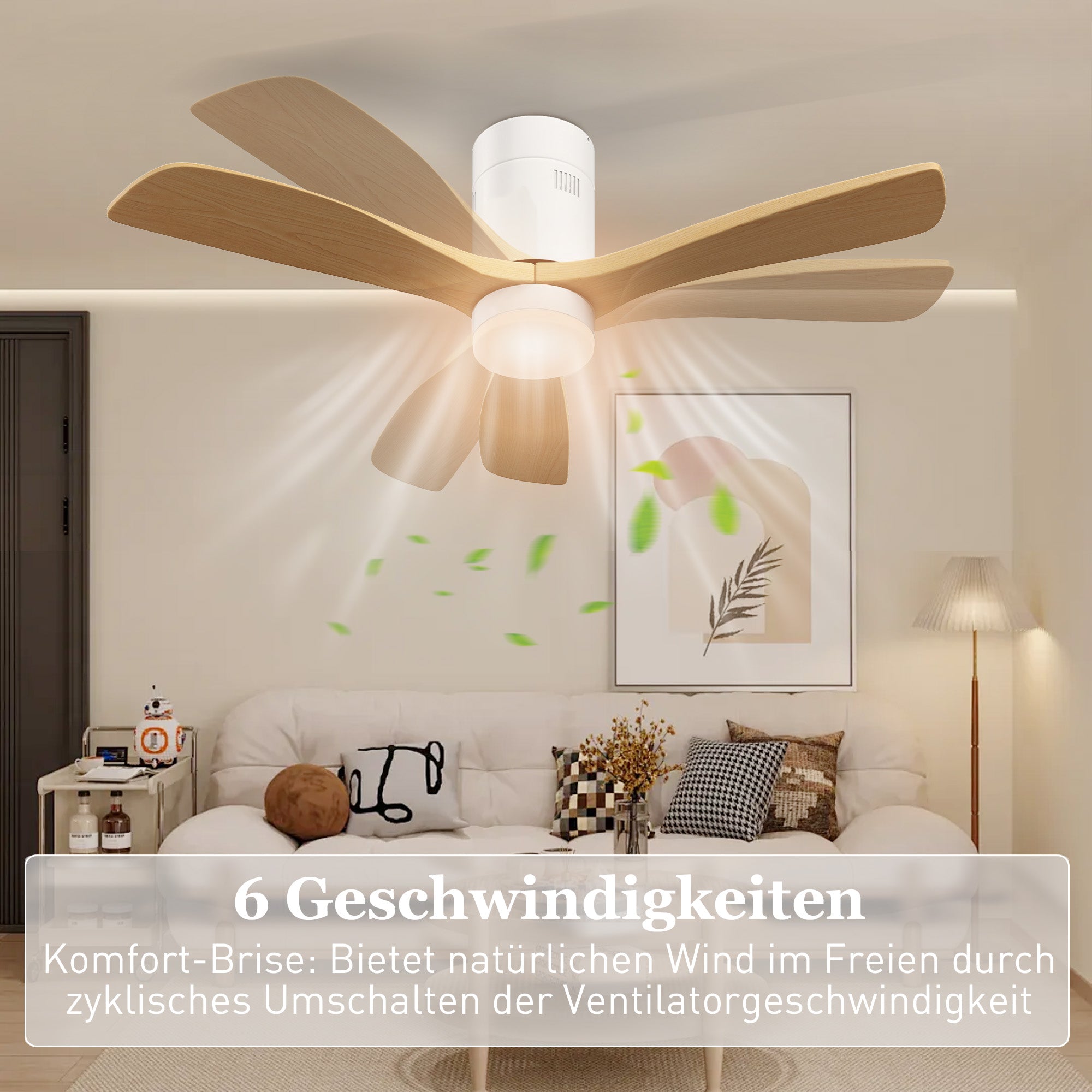 HOMCOM Deckenventilator mit LED-Licht, 6 Geschwindigkeiten, Fernbedienung, Hellbraun