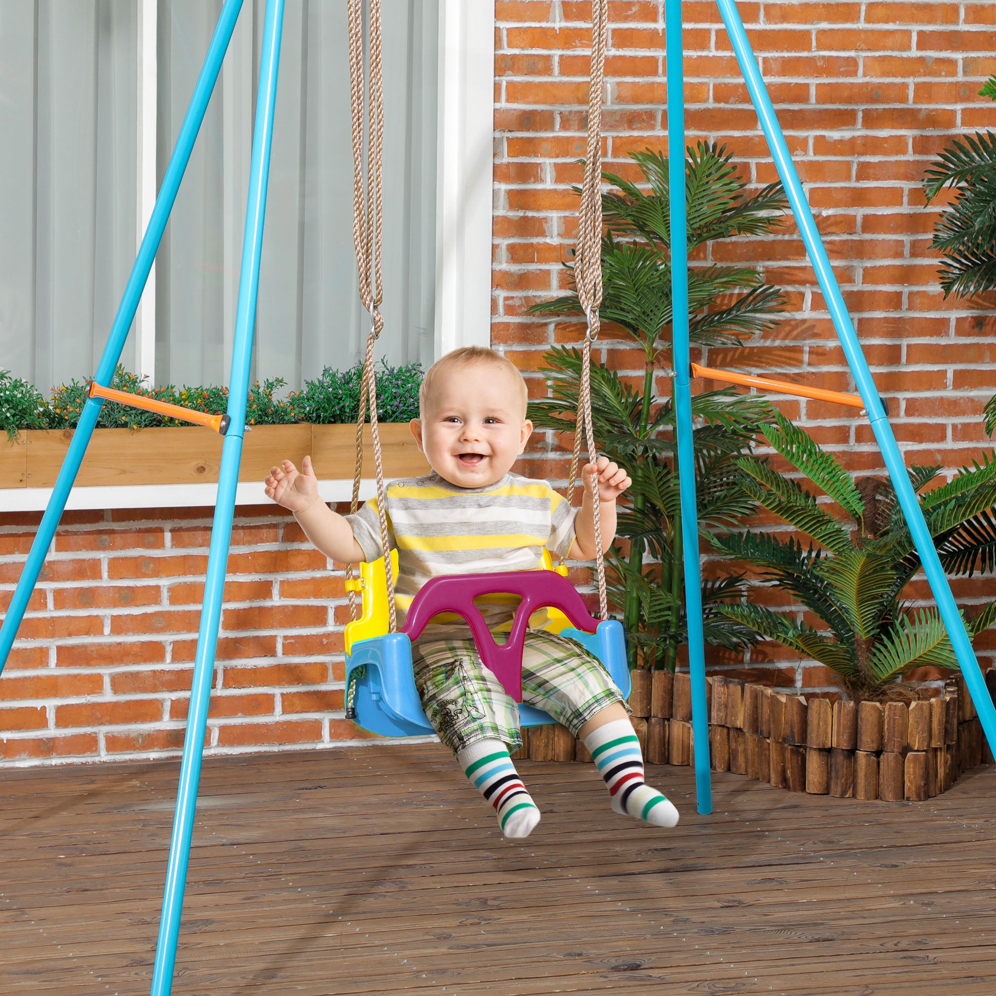 Outsunny 3-in-1 Kinderschaukel, höhenverstellbar, abnehmbare Rücklehne, für In- und Outdoor, blau+gelb, 42 x 33 x 180 cm
