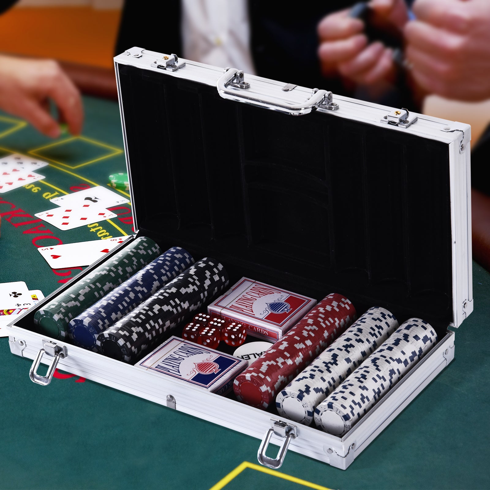 HOMCOM Pokerkoffer abschließbar Pokerset mit Koffer 300 Chips 5 Würfel 2 Kartendecks Zubehör, Pokerchips Komplett Set Pokerspiel Kartenspiele Aluminiumkoffer für Texas Hold'em, Blackjack