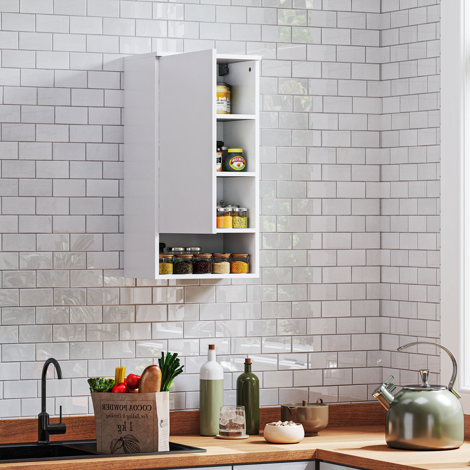 HOMCOM Wandmontierter Badezimmerschrank, Wandschrank für Badezimmer mit verstellbaren Ablagen, offenem Fach, Holz, Weiß