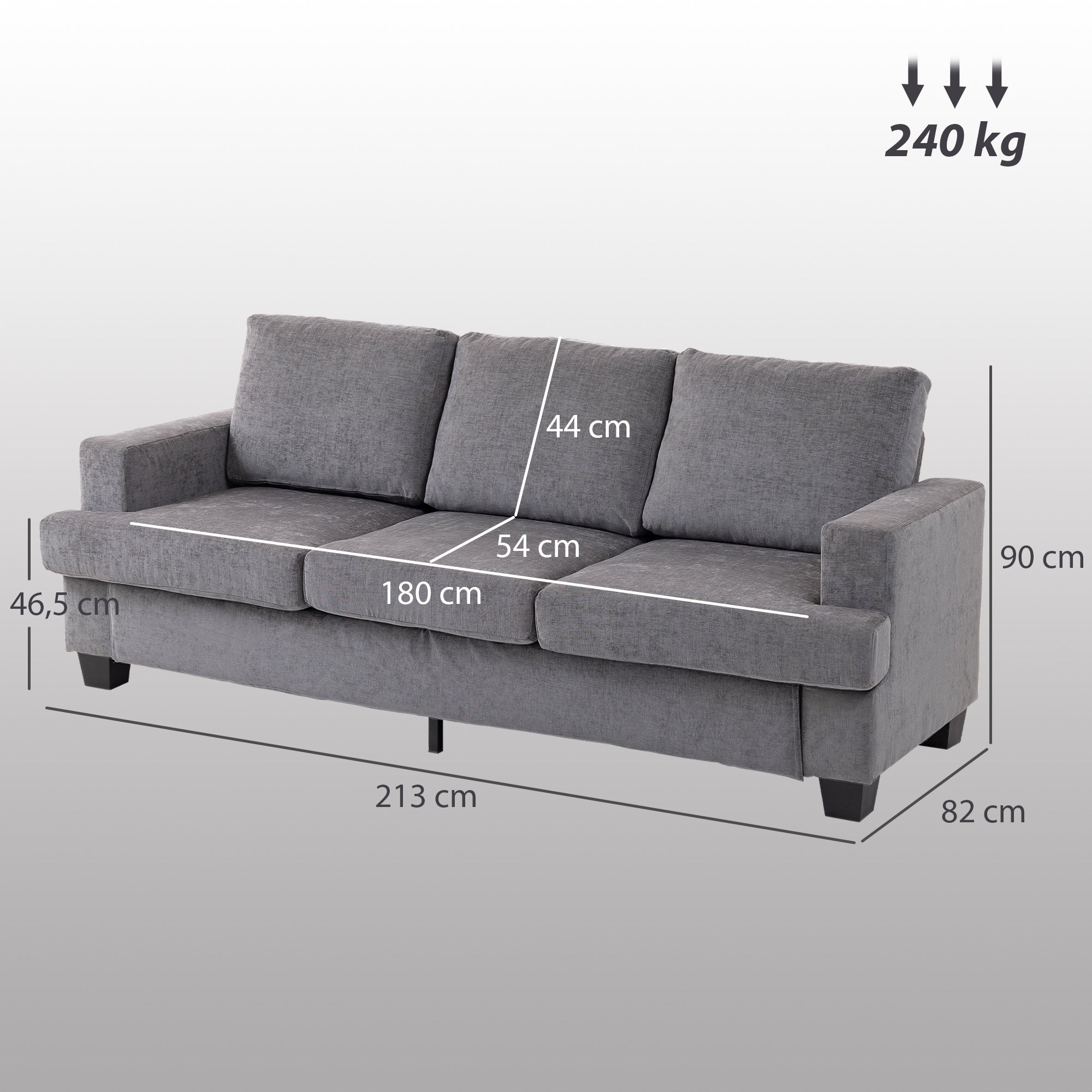 HOMCOM 3-Sitzer-Sofa, Wohnzimmersofa für 3 Personen, Stoffbezug, Stahlrahmen, Polstersofa, Grau