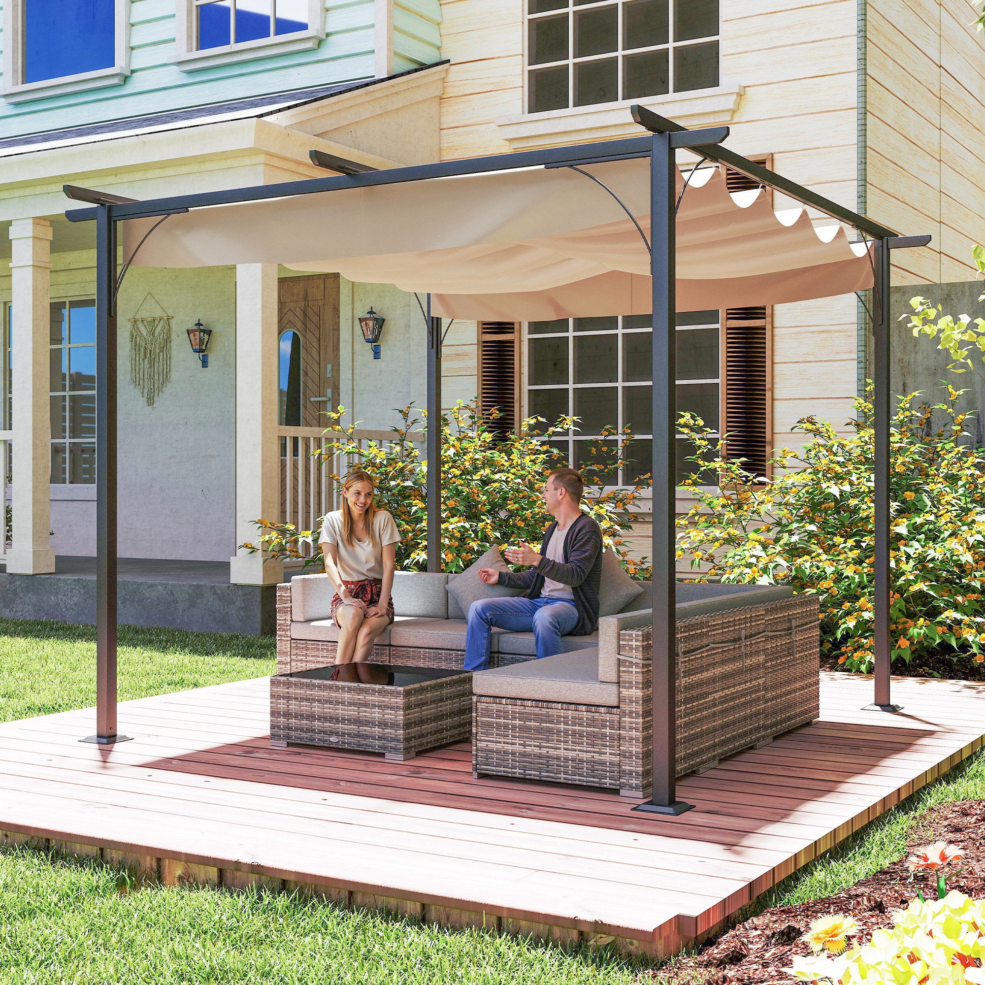 Outsunny Pergola Wasserdichter Pavillon 3 x 3 m Terrassenüberdachung mit Schiebedach, UV-Schutz für Garten Beige