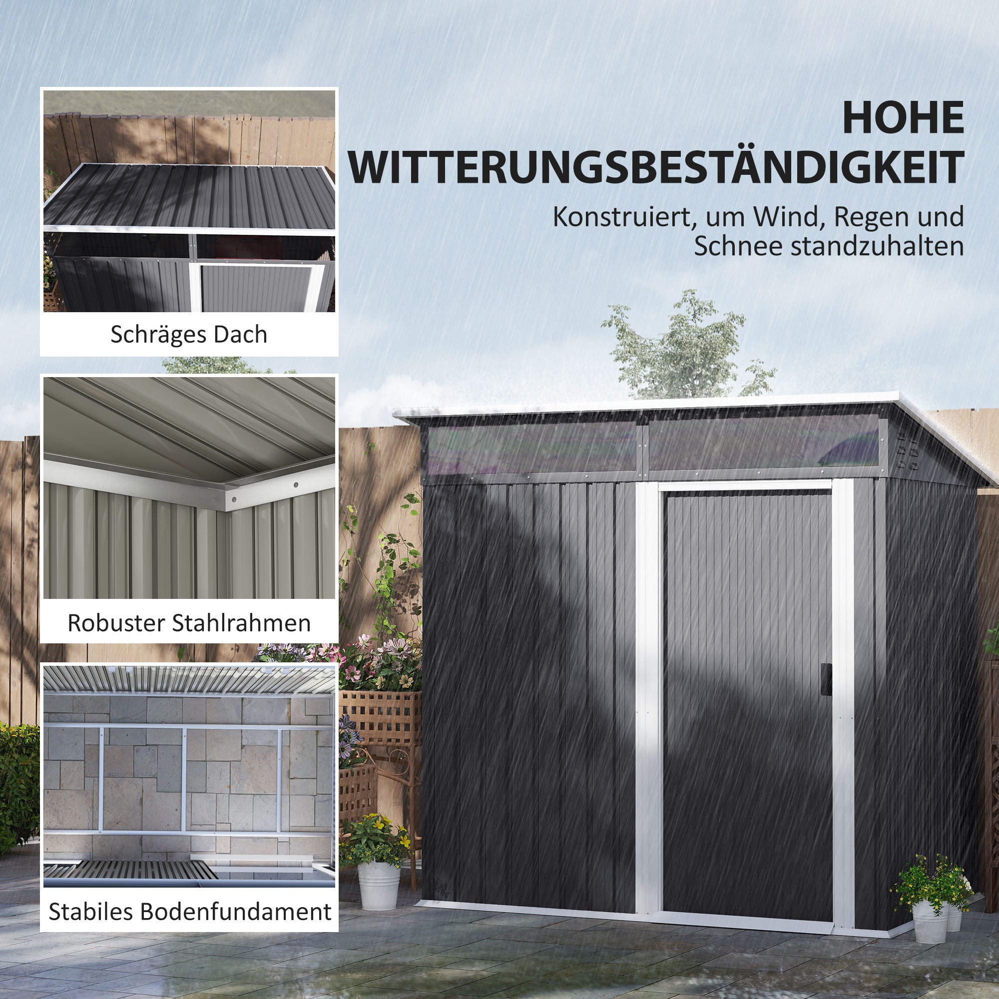 Outsunny Gartenschuppen, Geräteschuppen mit Fenstern, Lüftungsöffnungen, Schiebetür, wasserdichter Stahl, wetterfest, Dunkelgrau