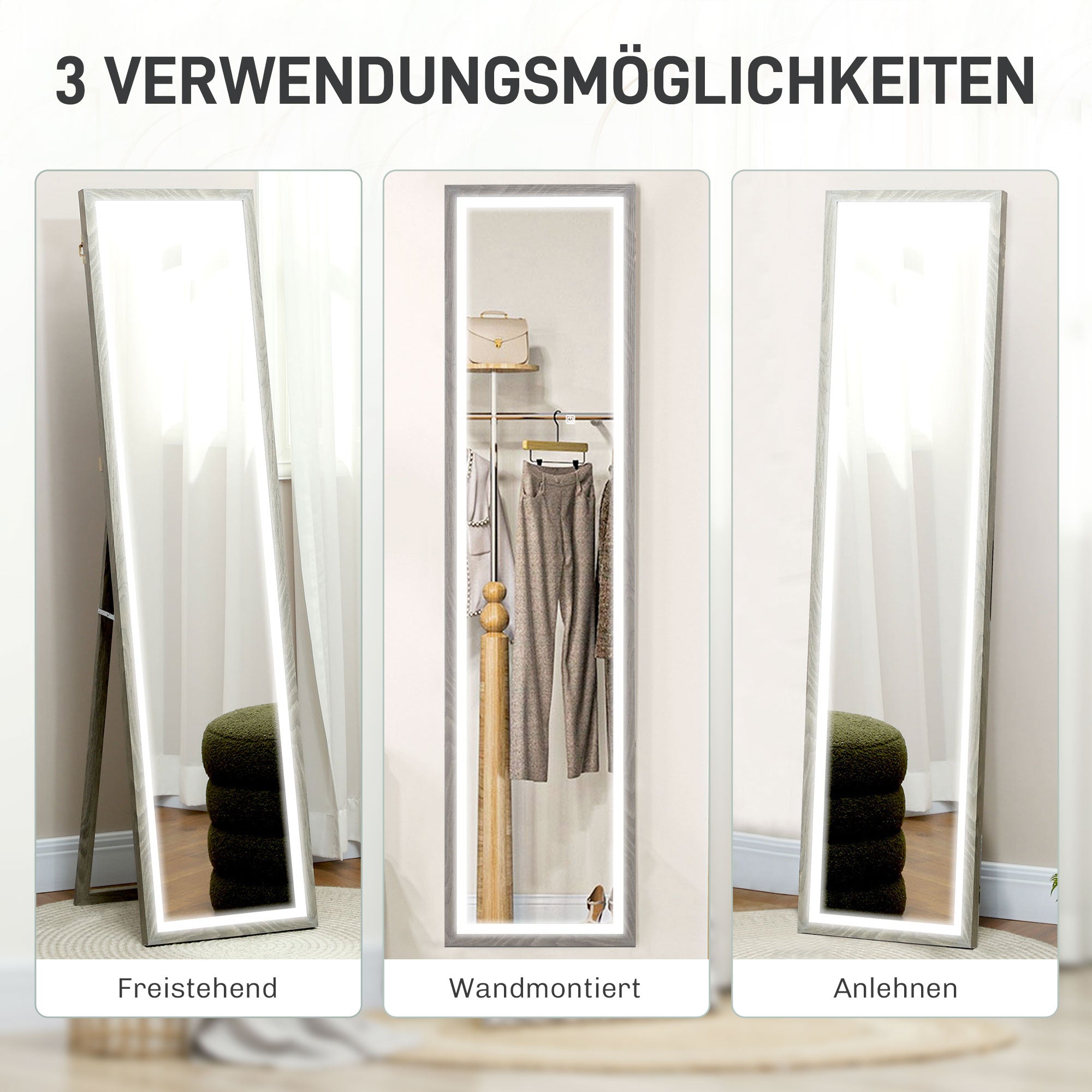 HOMCOM LED Ganzkörperspiegel, 40 x 160 cm, Touch-Steuerung, dimmbar, 3 Farben, Grau