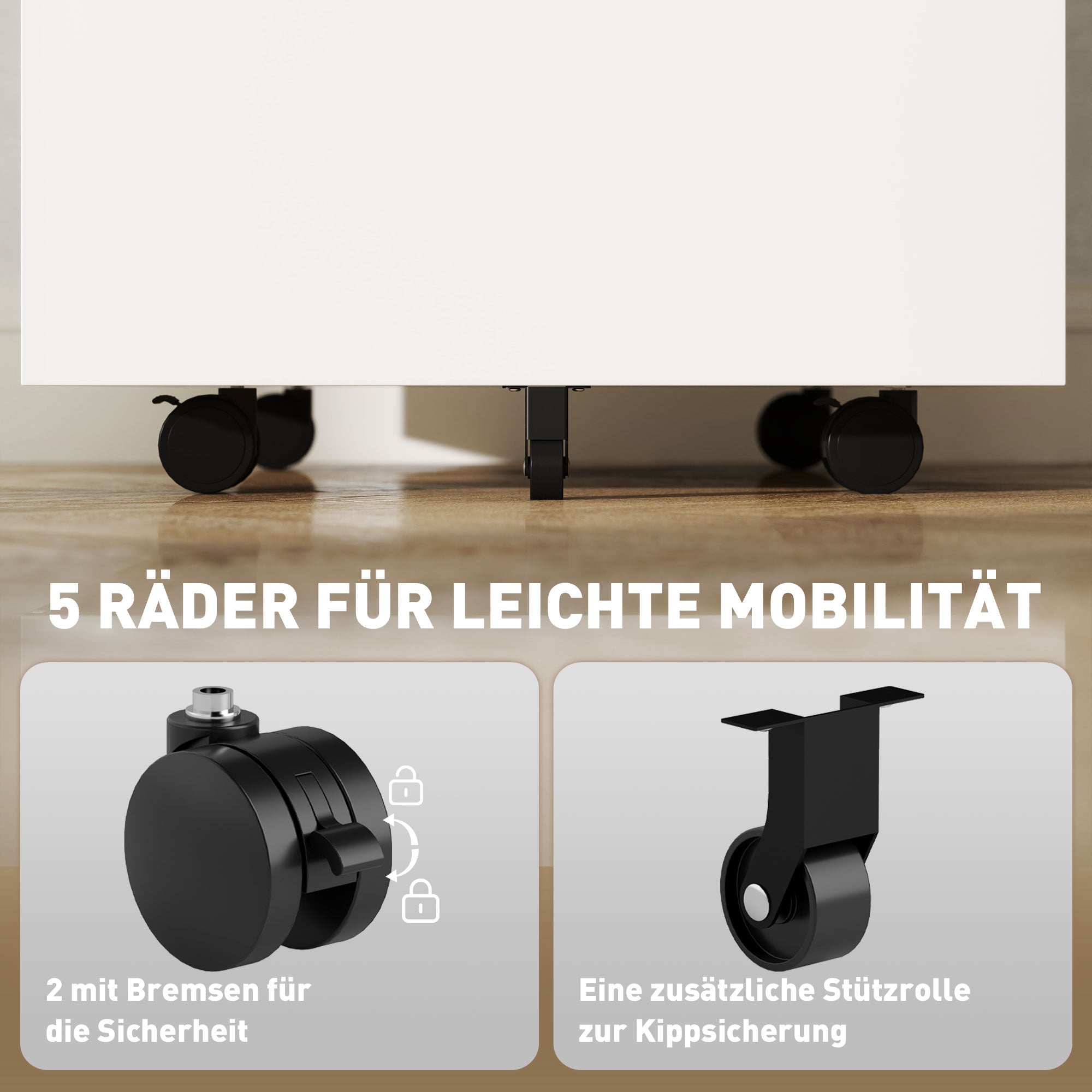 Vinsetto Rollcontainer, Aktenschrank, Trennwand, zentral abschließbar, Stahlgehäuse, 5 Räder, weiß, 39 x 48 x 67 cm