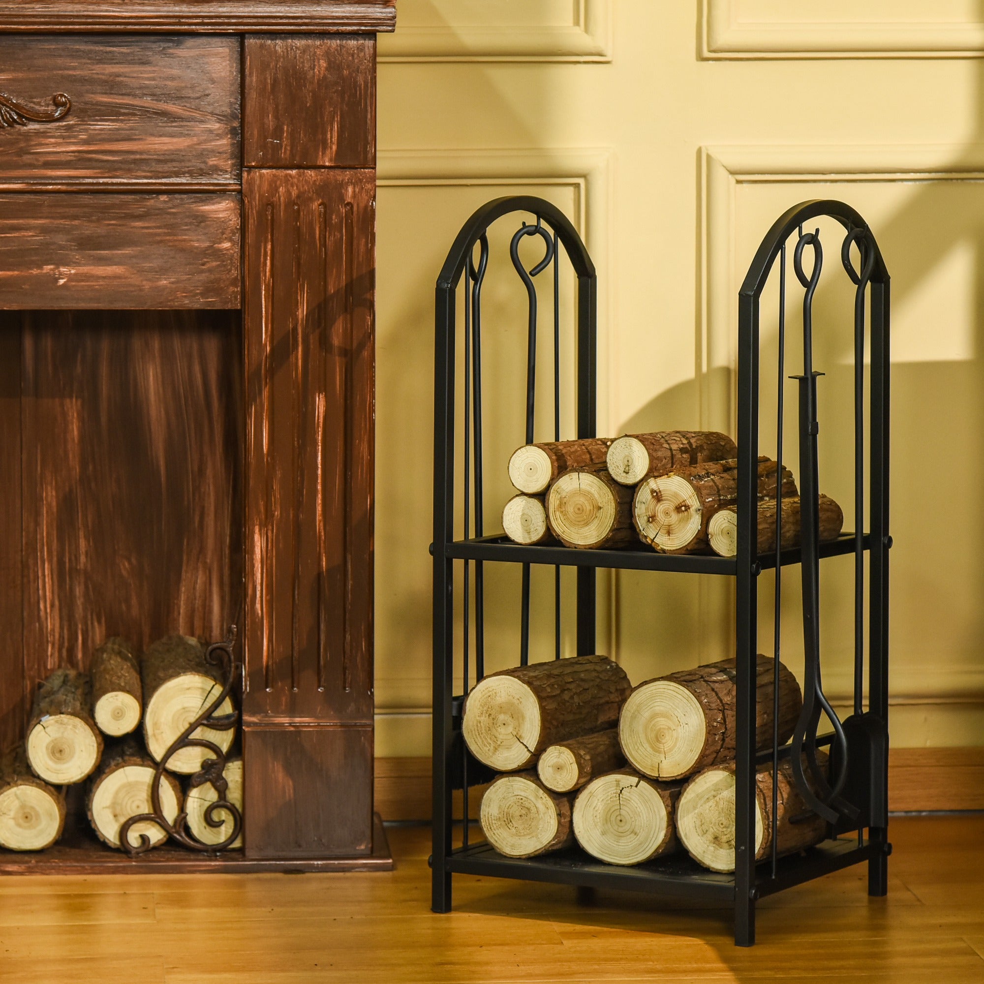 Outsunny kaminholzregal Kaminholzständer Brennholzregal mit 4 zusätzlichen Brennholzwerkzeugen Kaminbesteck 2-Ebenen-Design Feuerholzablage Kaminwerkzeug Metall Schwarz 41,5 x 32,5 x 74,5 cm
