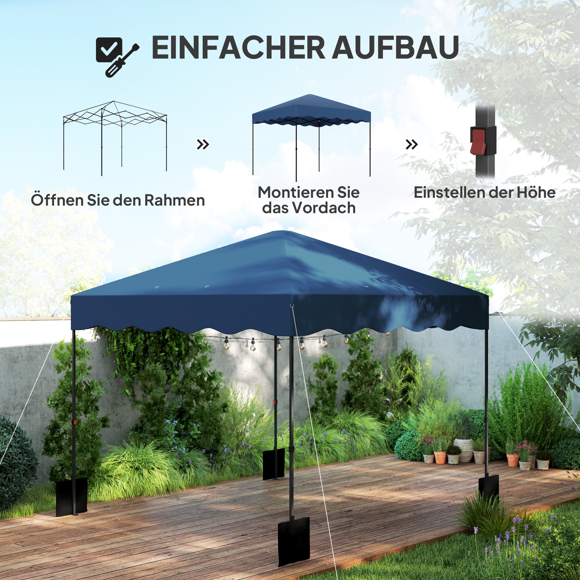 Outsunny 3 x 3 m Pop-up-Pavillon, Höhenverstellbares Gartenzelt, mit Rolltasche, für Garten, Terrasse, Metall, Stoff, Dunkelblau