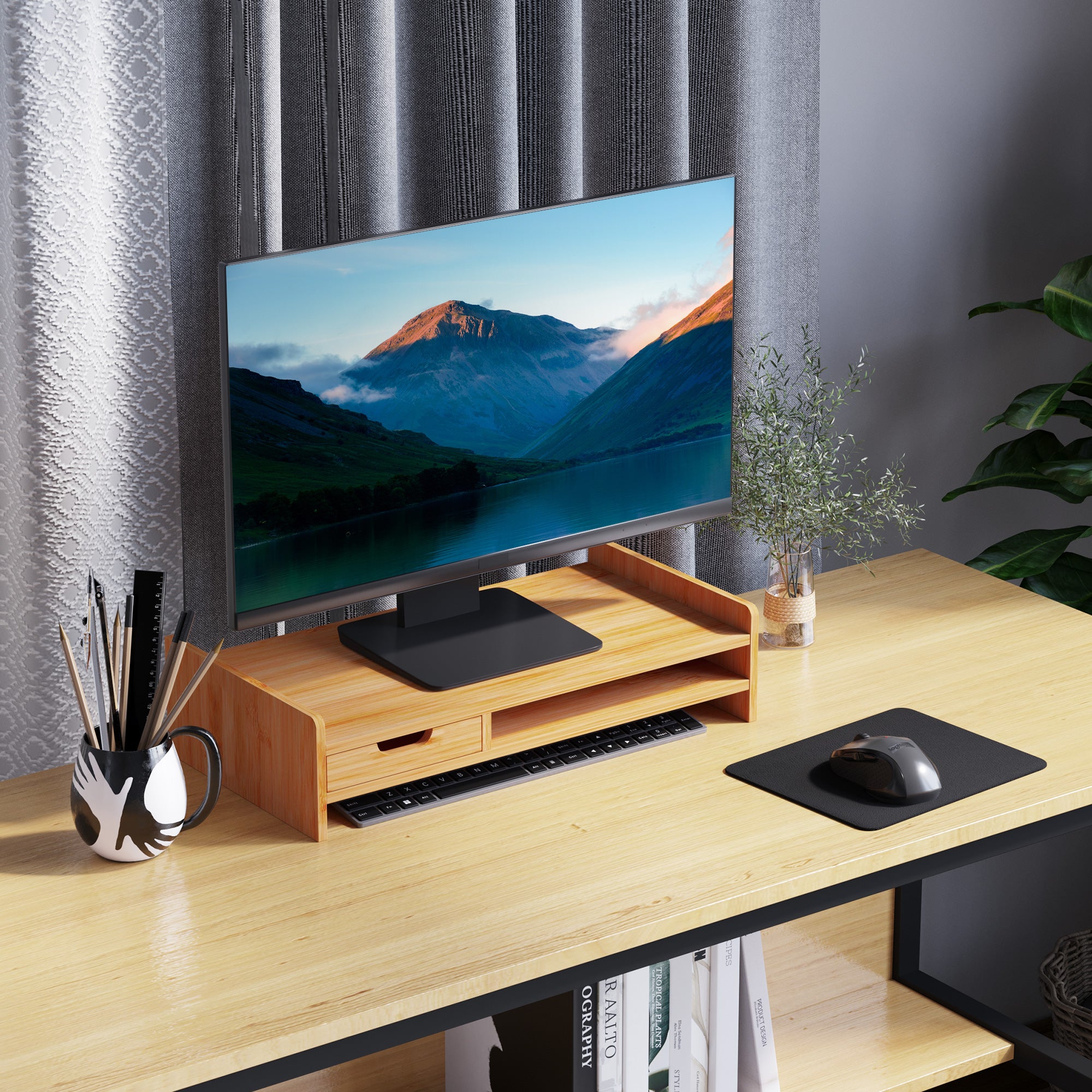 HOMCOM Monitorständer Schreibtisch Organizer mit Schublade Bambus