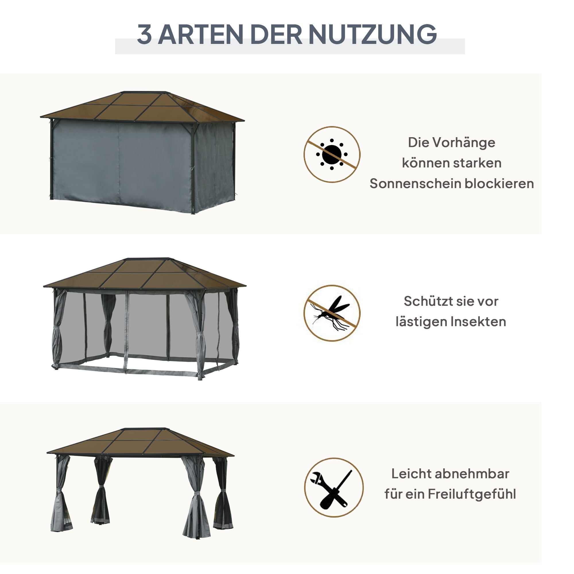 Outsunny Pavillon mit Polycarbonatdach, Vorhänge mit Fliegennetz, Alugestell, dunkelgrau, 3 x 4 x 2,6 m