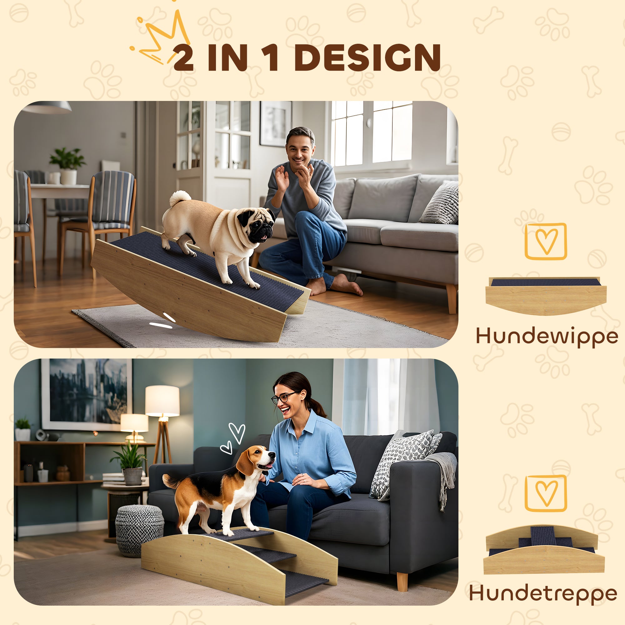 PawHut Agility Hundeschaukel, 2-in-1 Wippe und Treppe, rutschfest, Tanneholz, 80 x 39,5 cm