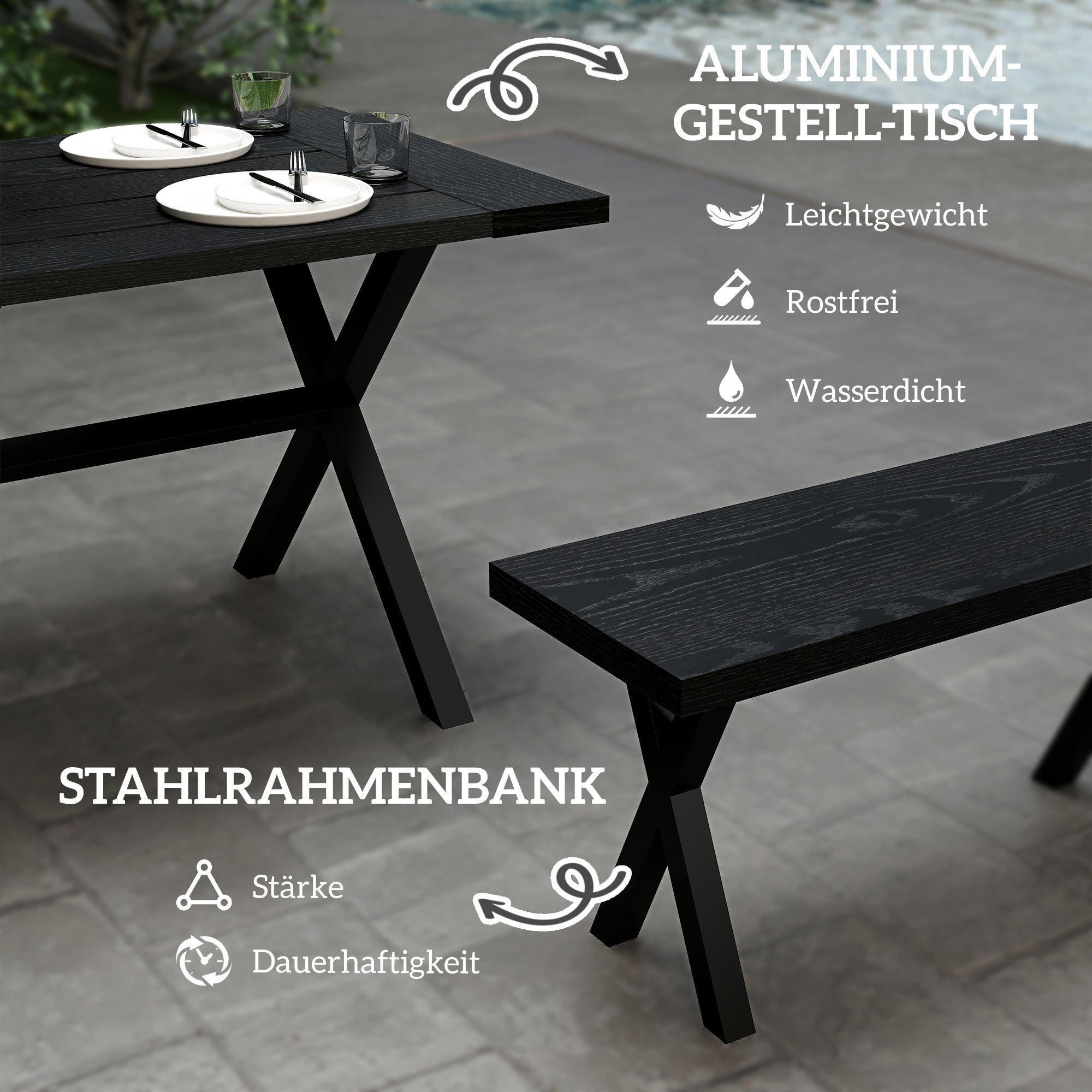 Outsunny Bierzeltgarnitur für 6 Personen, wetterfest, Holzoptik, Alurahmen, Schwarz